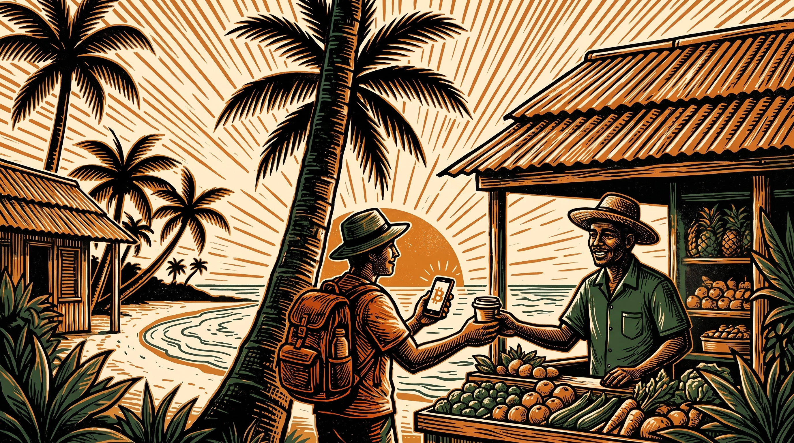 A coastal African market vendor accepting a bitcoin Lightning payment by phone at a produce stall, linocut