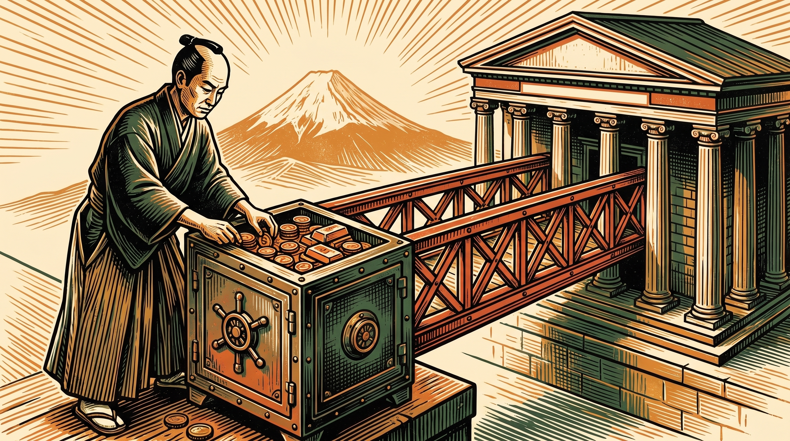 A Japanese financier filling a strongbox of bitcoin coins linked by a girder bridge to an American exchange, Mount Fuji behind, linocut