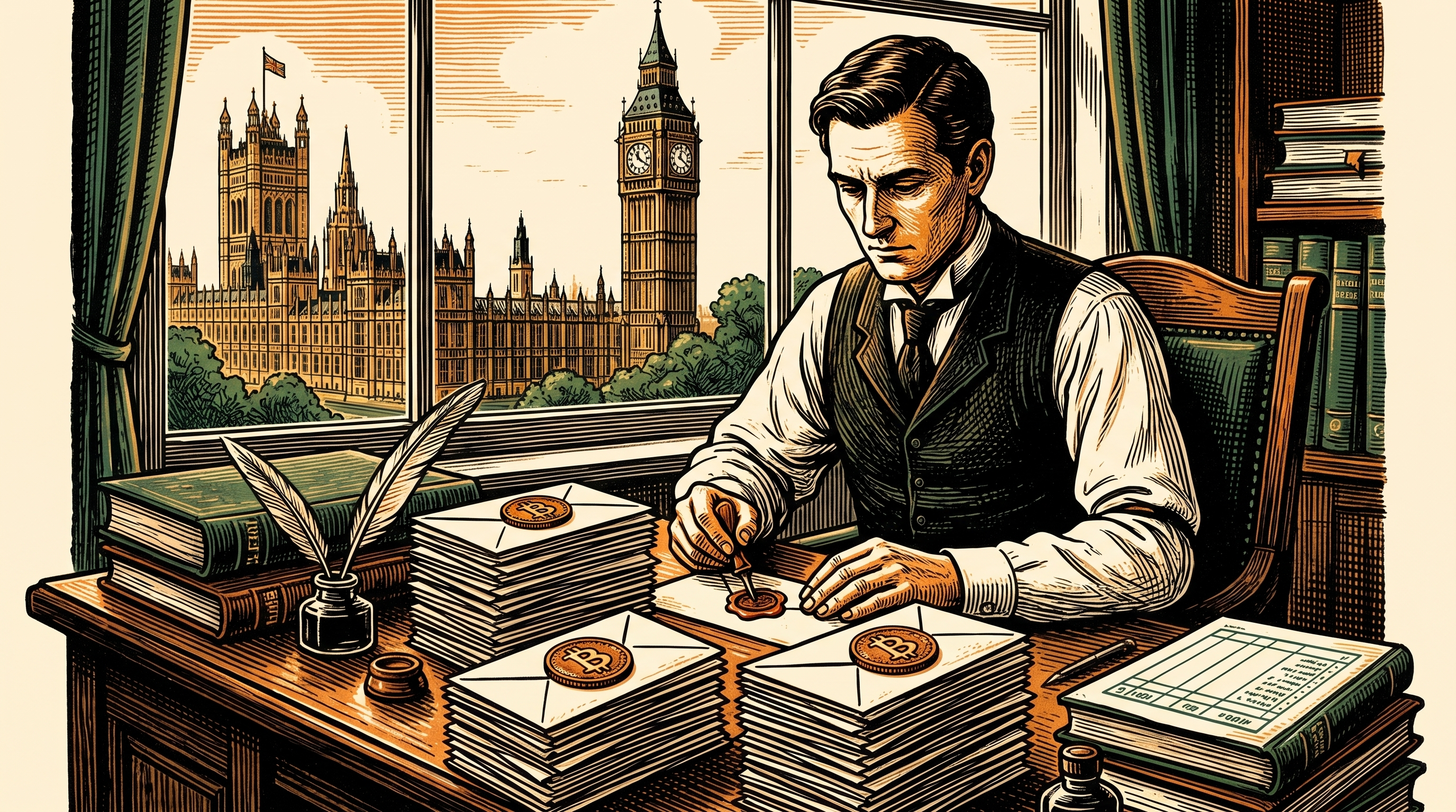 A British tax clerk sealing envelopes marked with bitcoin, the Palace of Westminster through the window, linocut