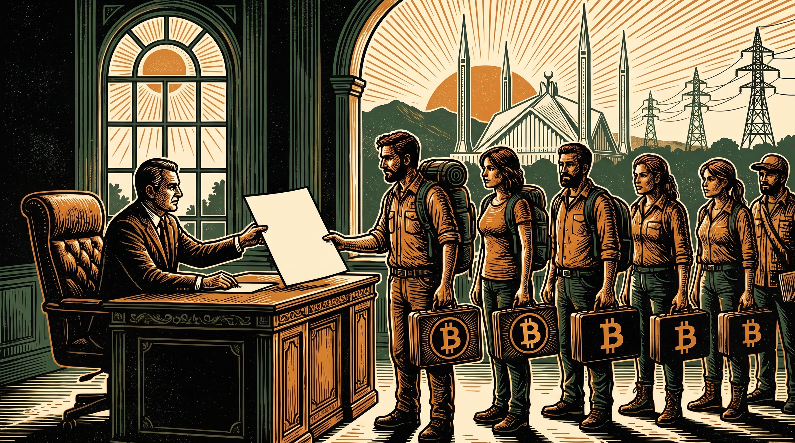 A government official handing a blank licence to a line of bitcoin miners and traders in Islamabad, Faisal Mosque behind, linocut