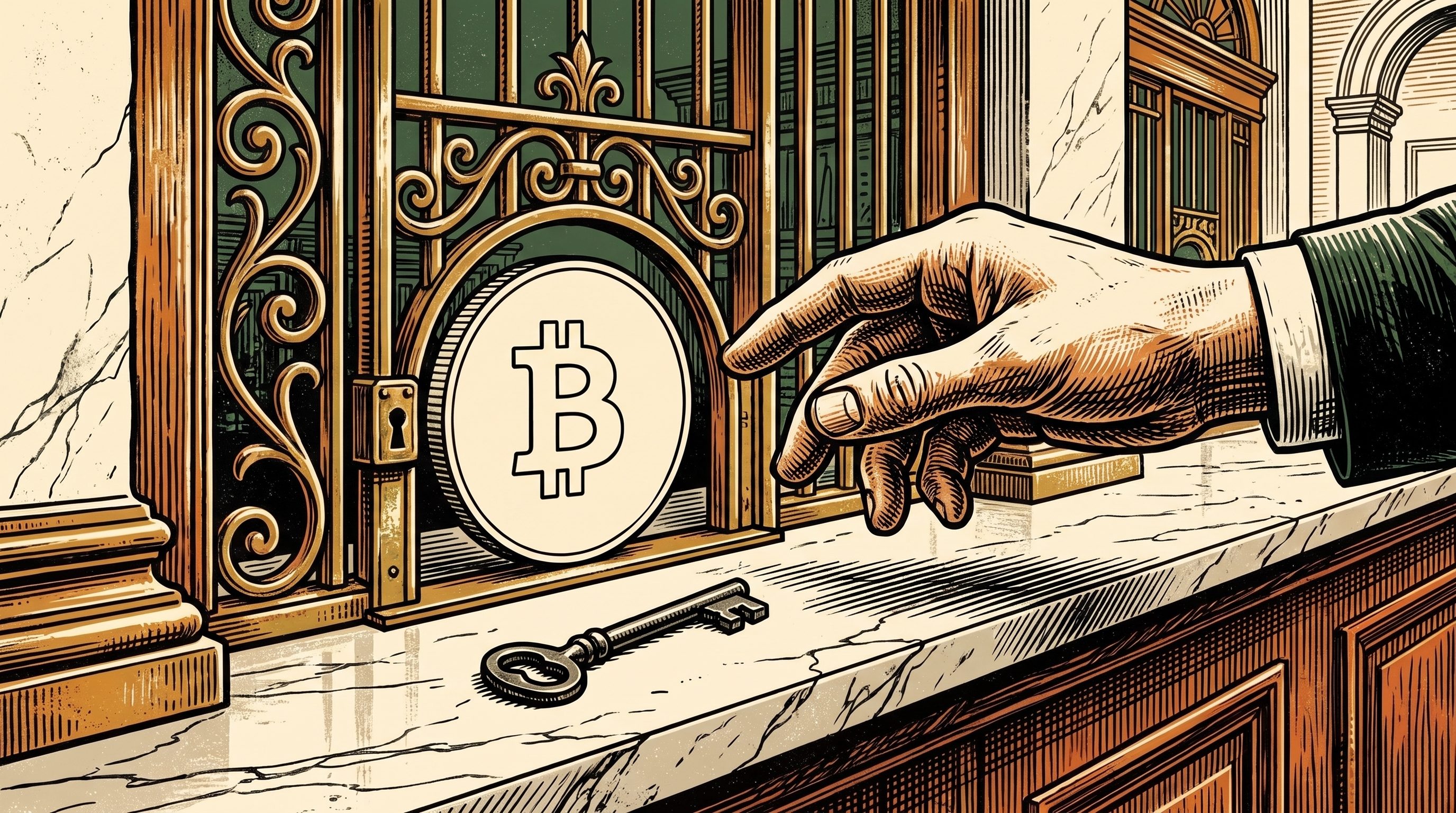 A hand reaching for a plain bitcoin coin locked behind a bank teller’s brass grille, a key on the counter, linocut