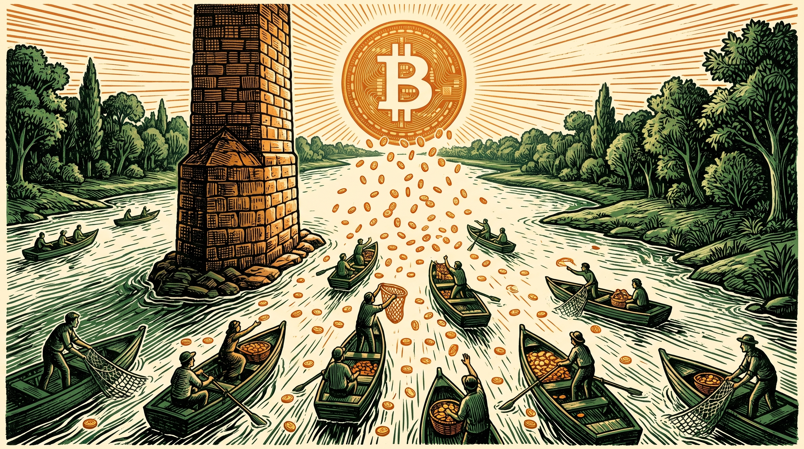 A bitcoin coin showering small coins onto boats of people below, linocut