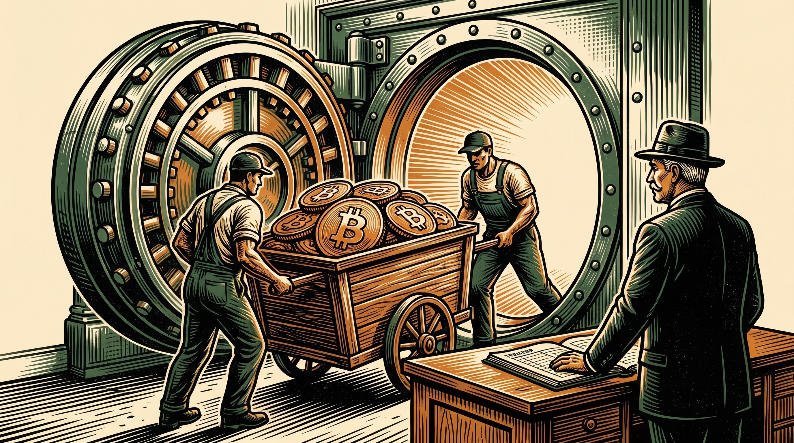 Workers wheeling a cart of bitcoin coins into an open bank vault, linocut