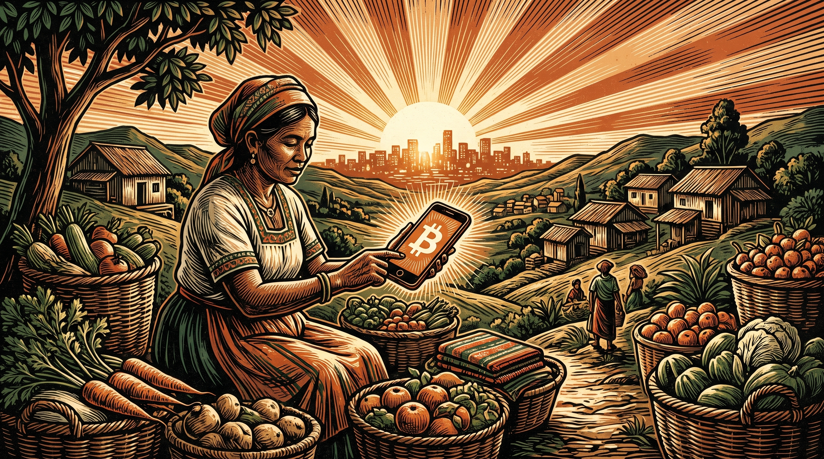 A hillside village market at dusk, a vendor taking a bitcoin payment by phone, linocut