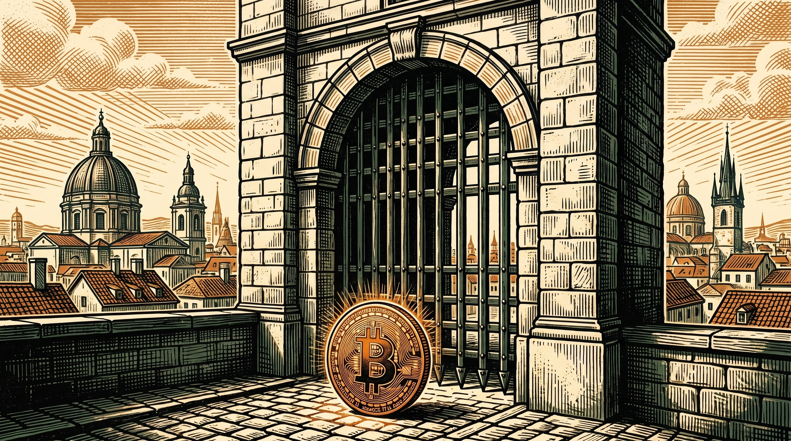 A European central bank&rsquo;s iron gate lowered across a stone archway, a bitcoin coin outside, linocut
