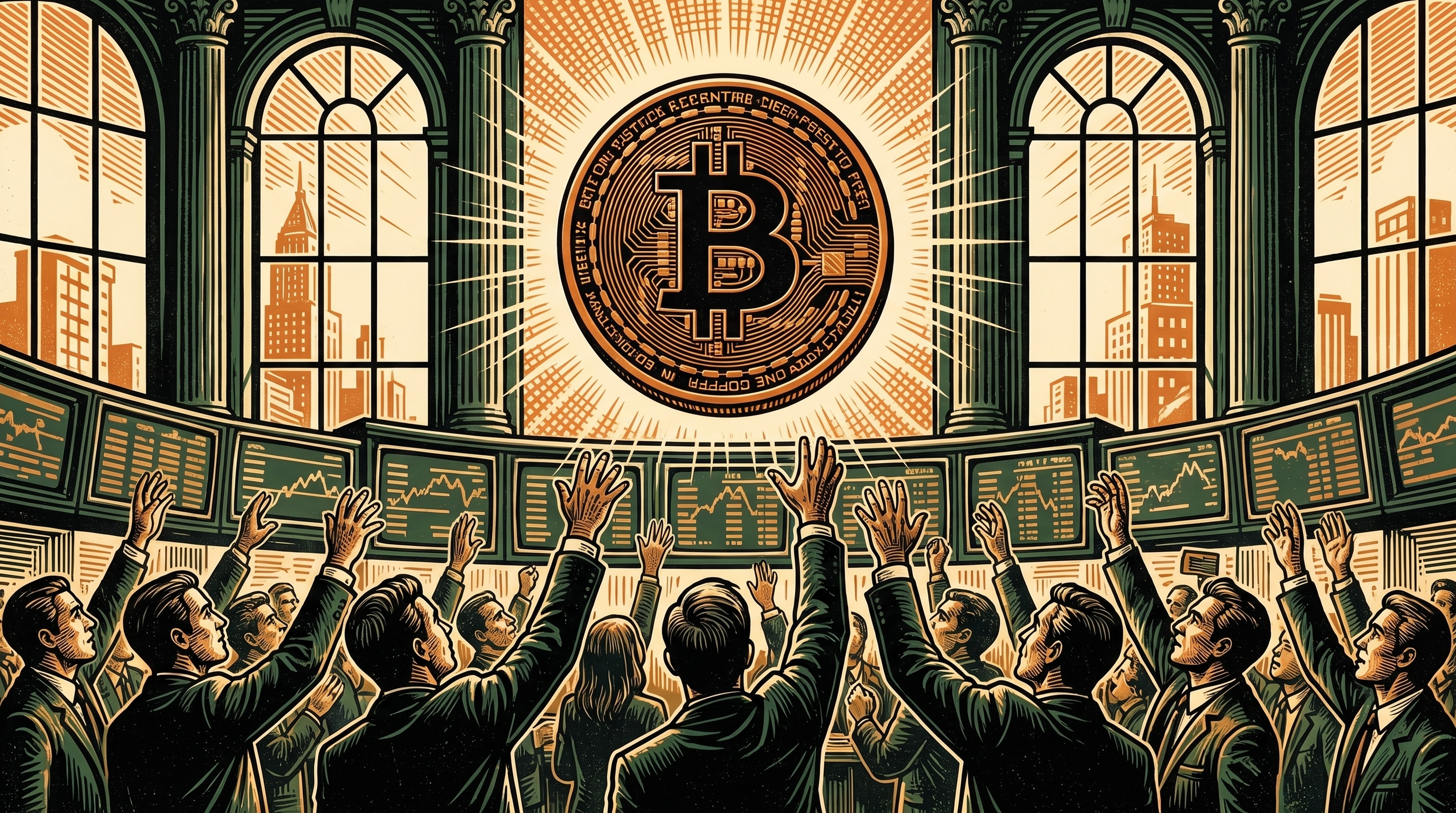 Brokers on a New York trading floor reaching toward a rising bitcoin coin, linocut