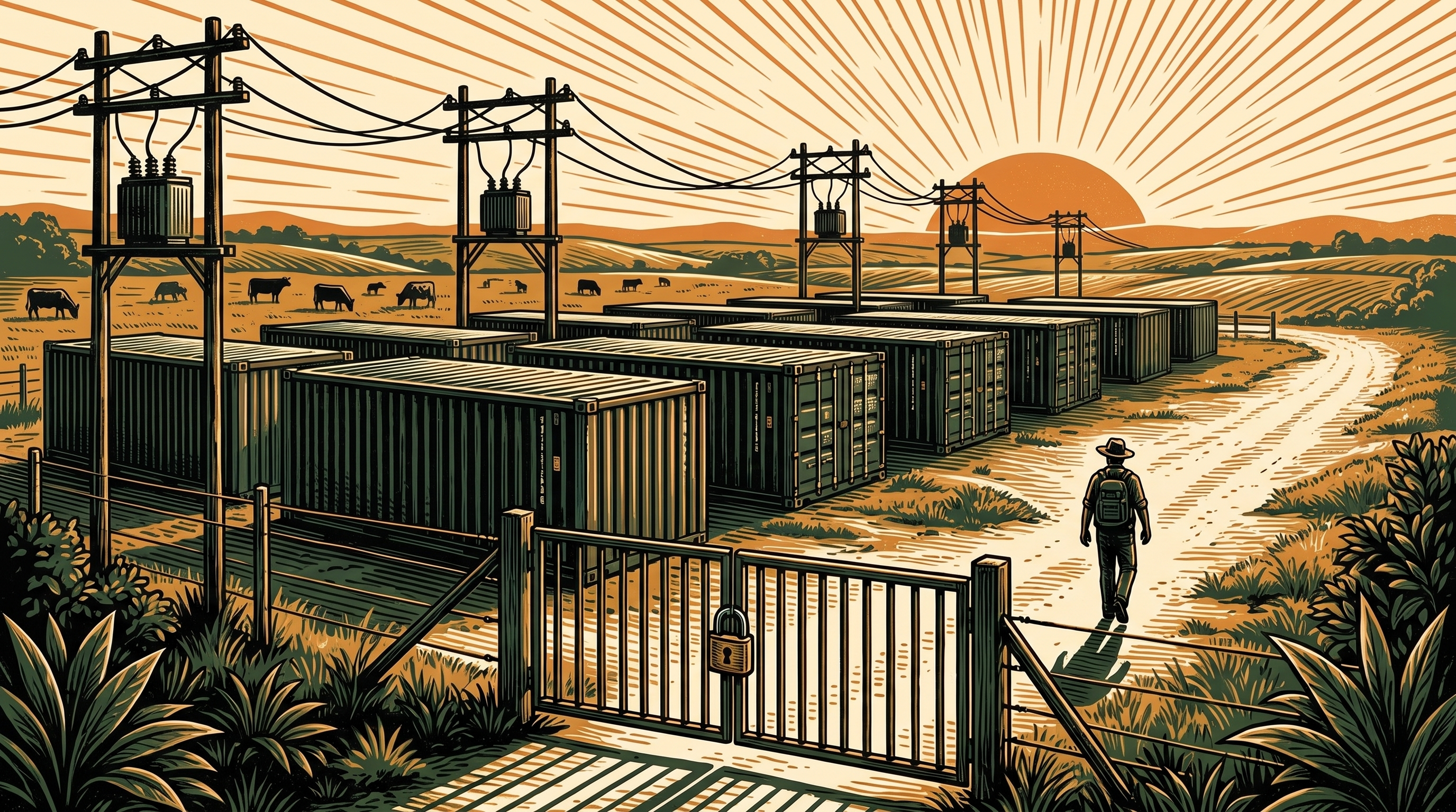 A shuttered bitcoin mining site on the Uruguayan plain at dusk, dark containers and a padlocked gate, linocut