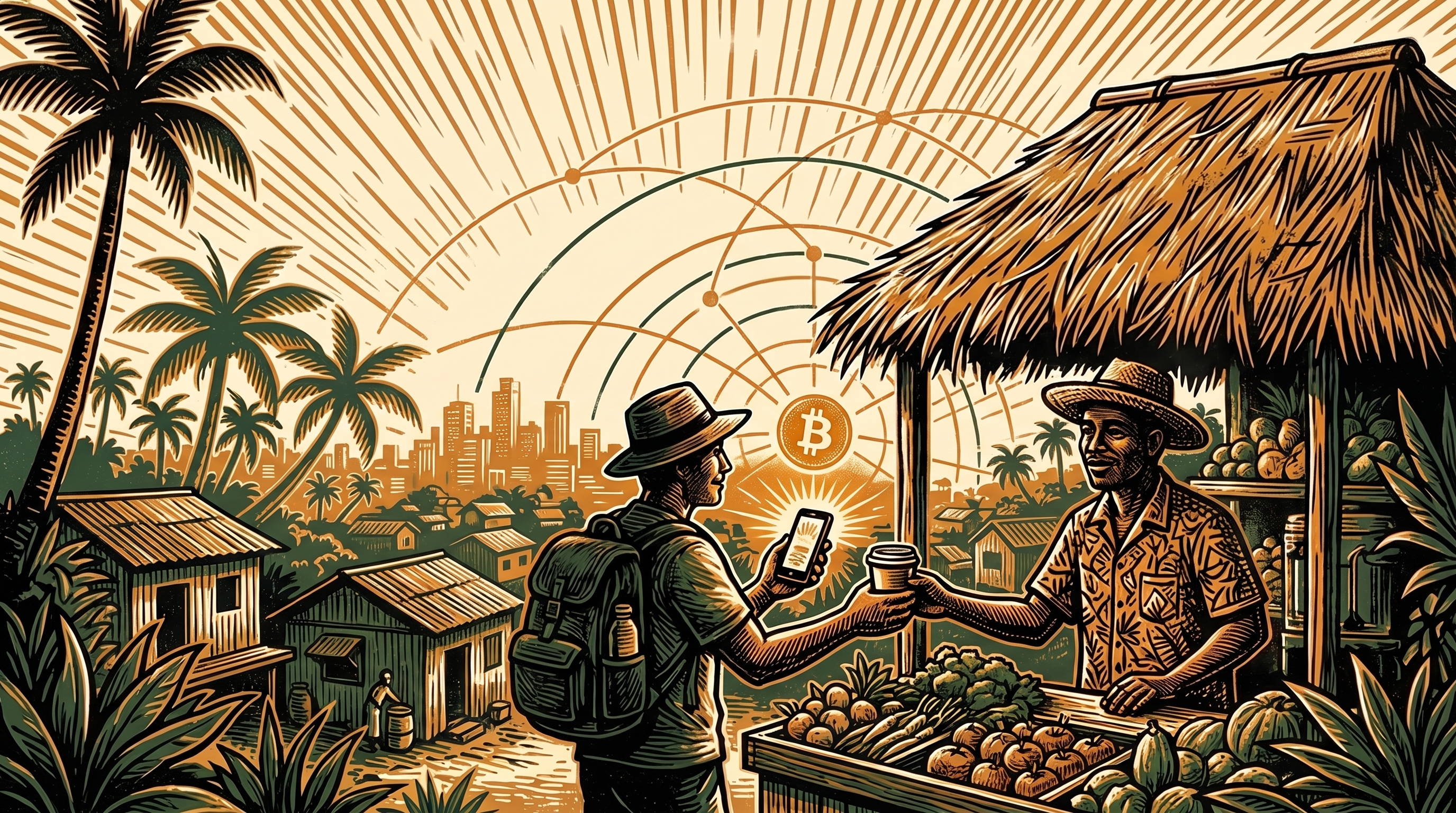A hillside market vendor paying with a phone lit by a bitcoin coin, network lines arcing to a distant city, linocut