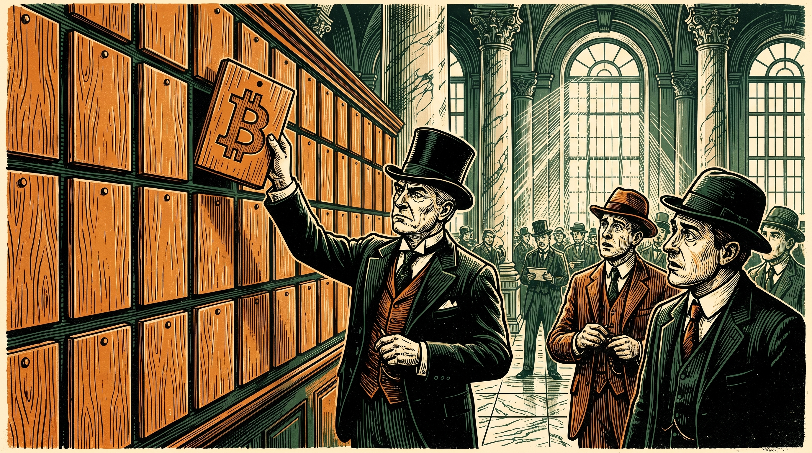 An exchange official lifting a bitcoin-marked plaque from a wall of blank company plaques, linocut