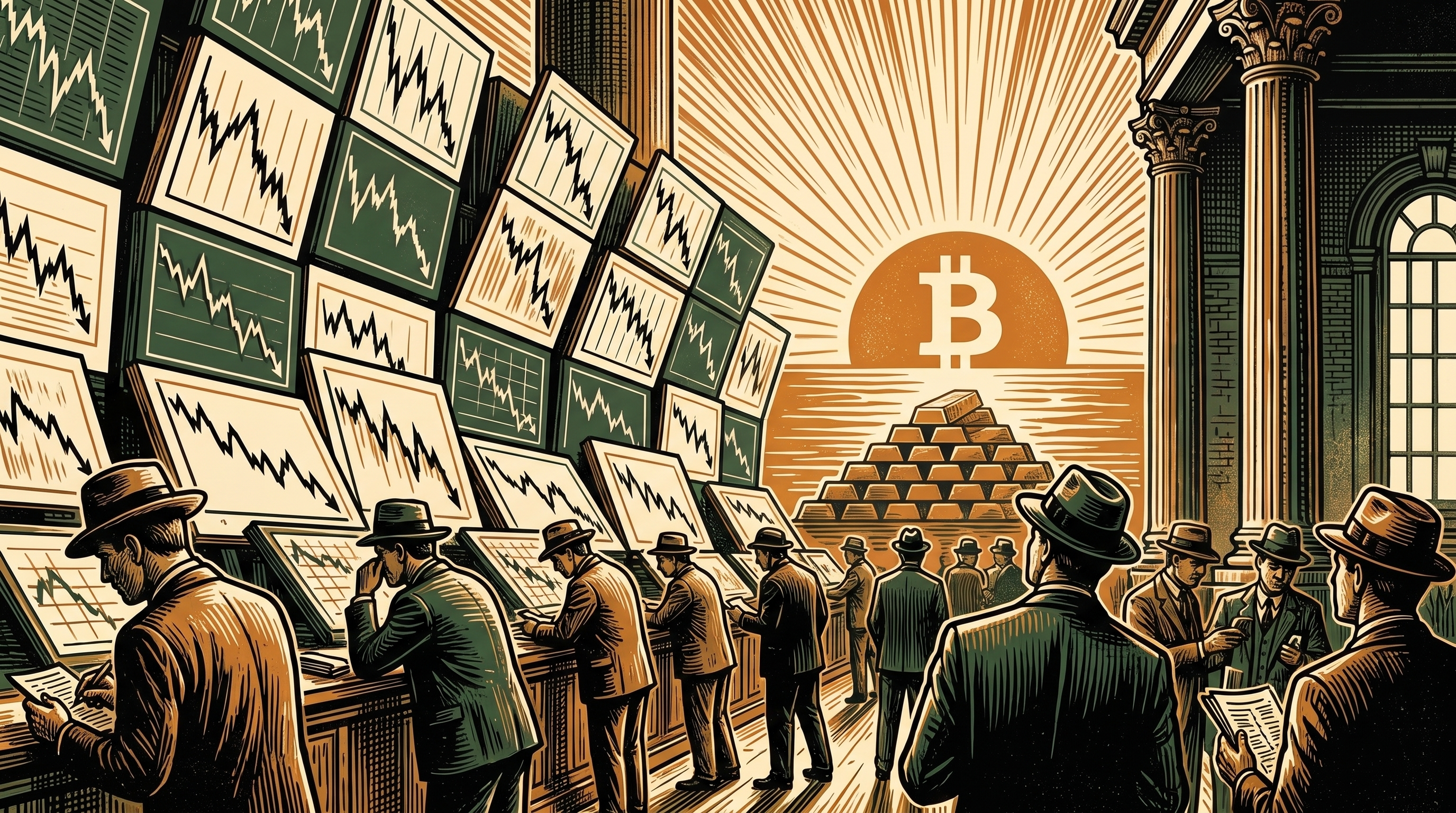 Traders on a trading floor turning from a wall of falling charts toward a rising bitcoin sun and gold bars, linocut