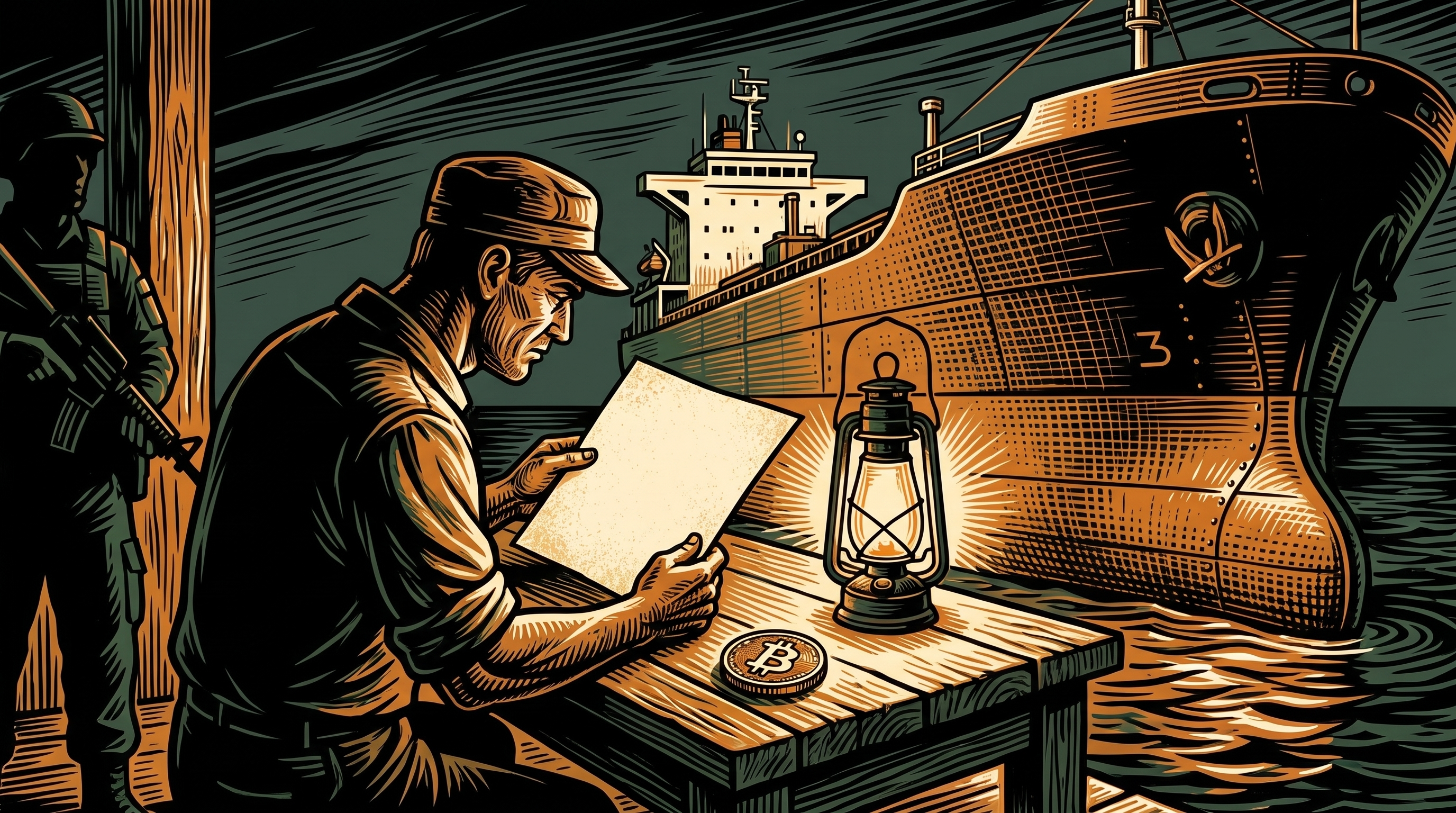 A lamplit harbor checkpoint, a dockworker inspecting papers beside a moored oil tanker, a bitcoin coin on the desk, linocut