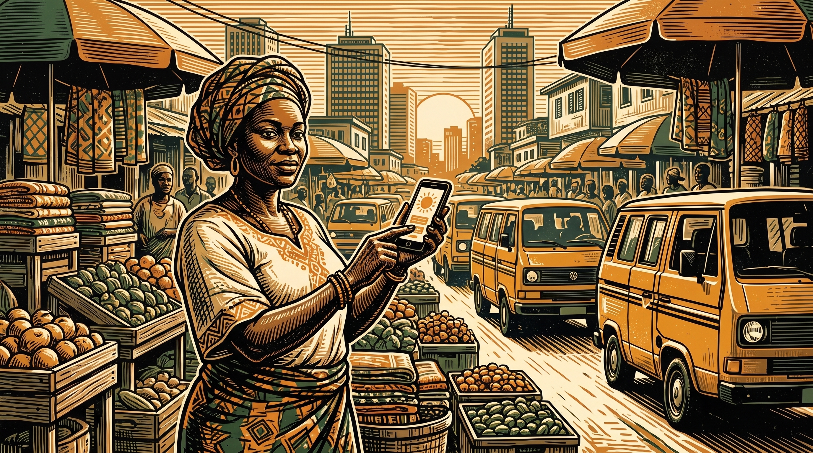 A Lagos street market at dusk, a woman vendor holding a phone to take a payment, danfo buses and market stalls, linocut