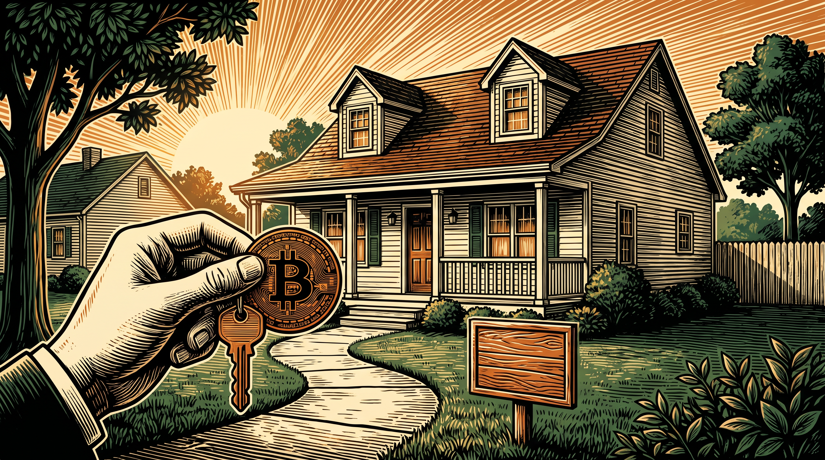 A suburban American house at golden hour, a hand holding a house key beside a bitcoin coin, linocut