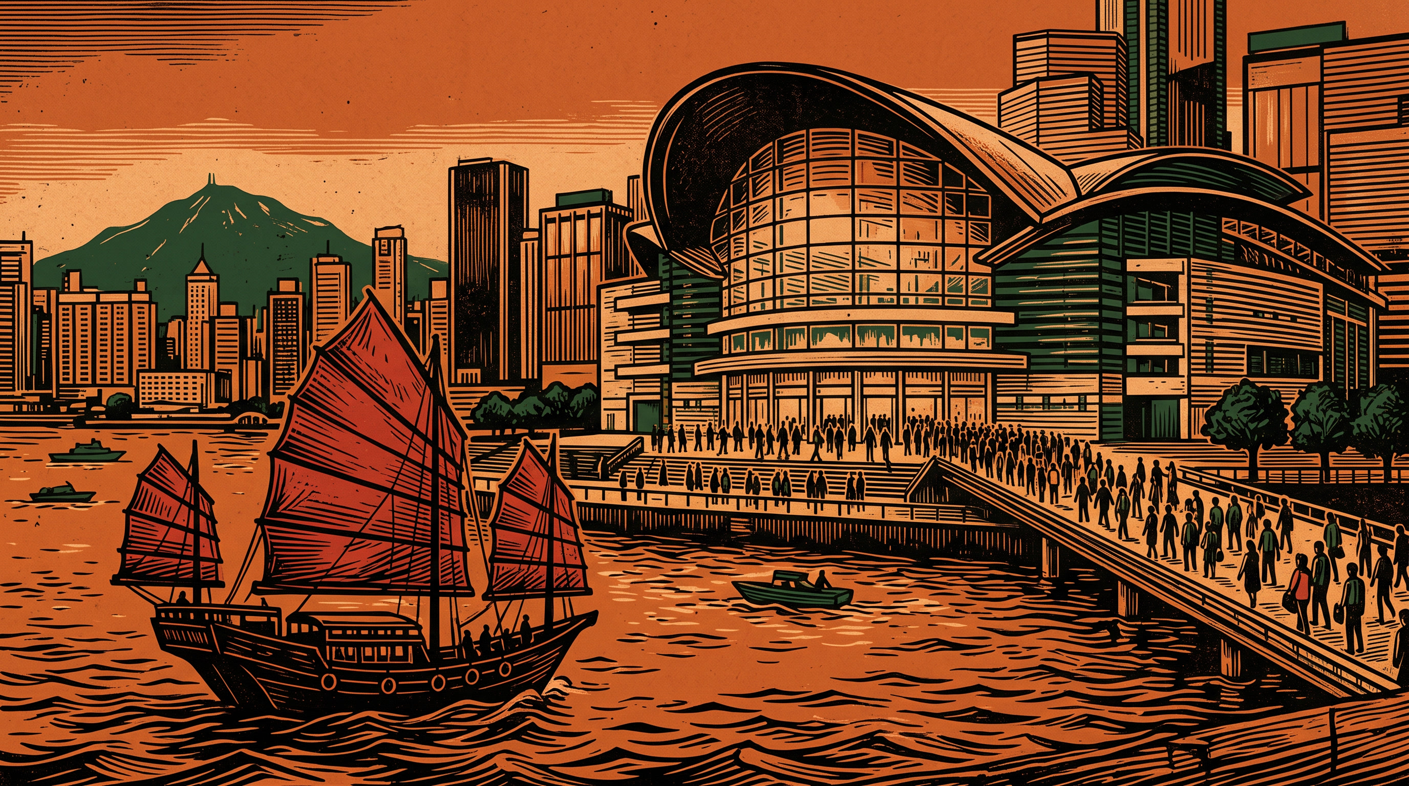 Hong Kong harbour skyline and the convention centre with crowds arriving, a junk boat on the water, linocut