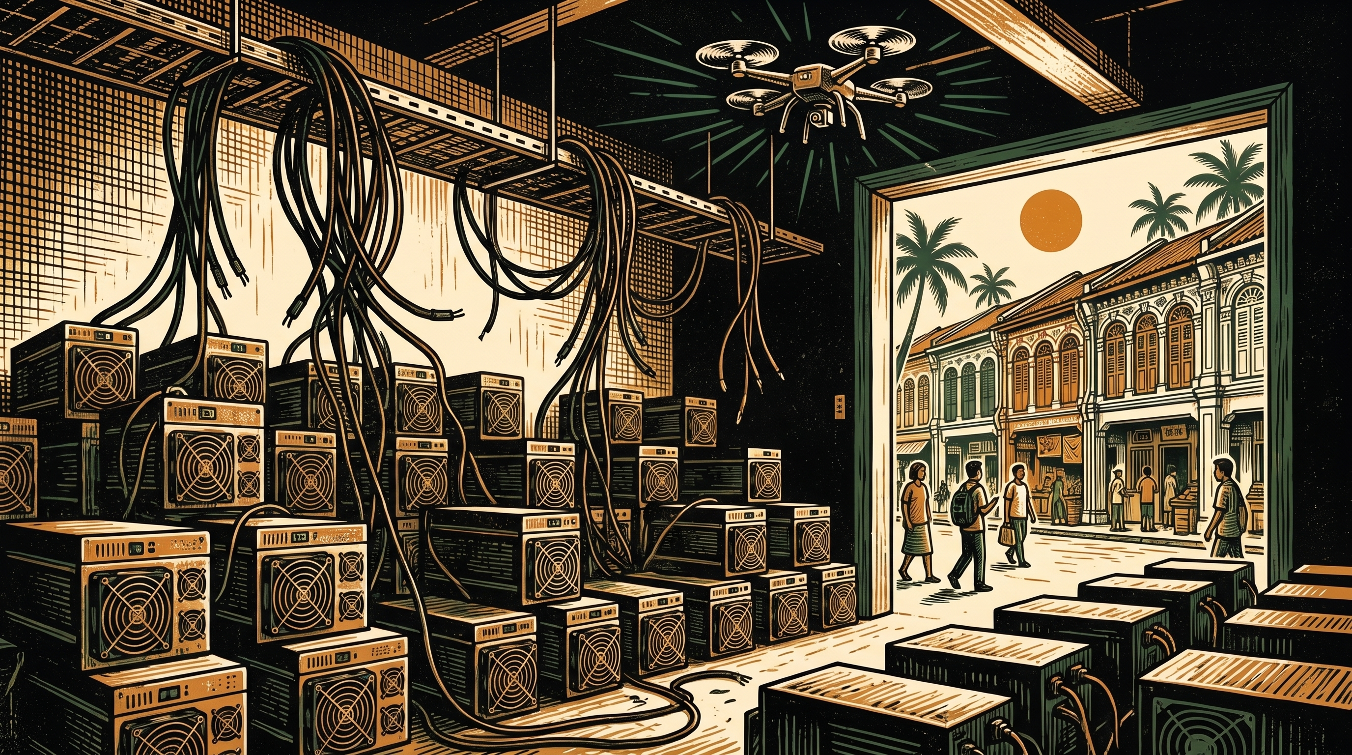 Rows of seized bitcoin mining rigs in a warehouse raid, tangled cut cables, a surveillance drone overhead, linocut