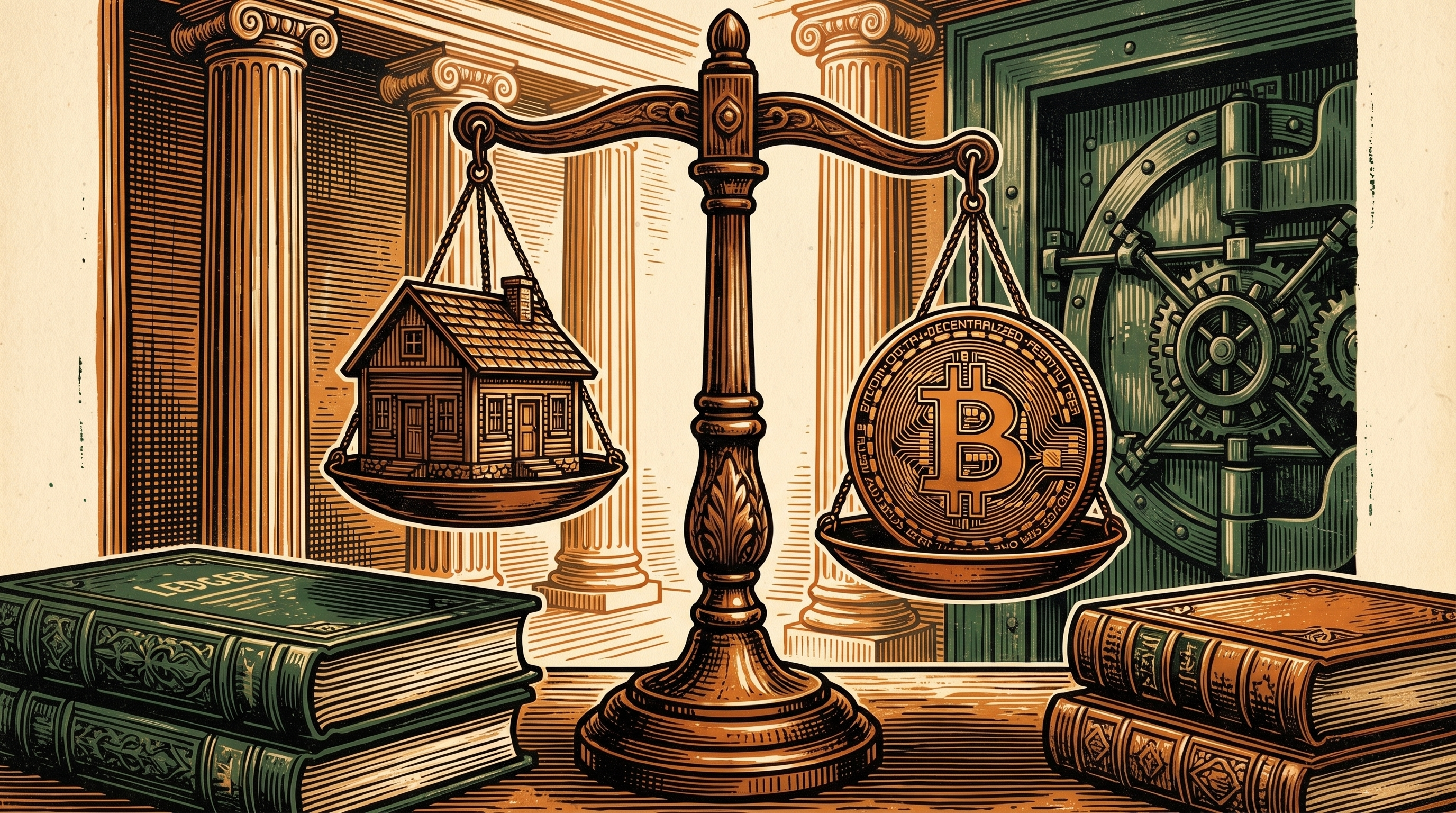 Merchant balance scales weighing a house against a bitcoin coin, bank columns and a vault behind, linocut
