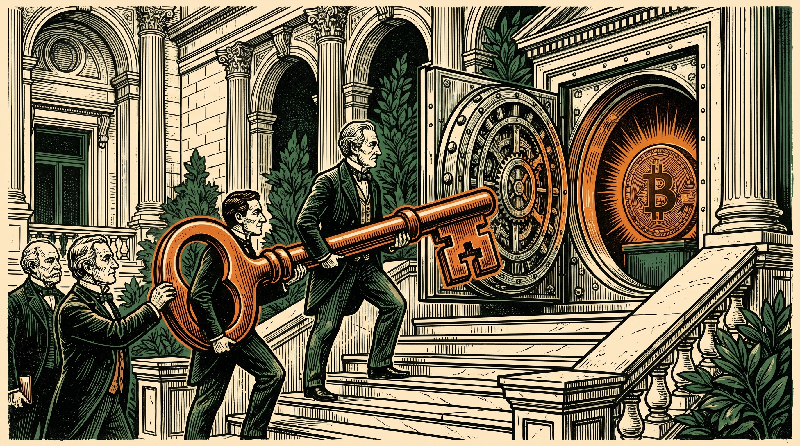 Clerks on the steps of a marble government building carry a giant iron key toward a vault holding a bitcoin coin, linocut