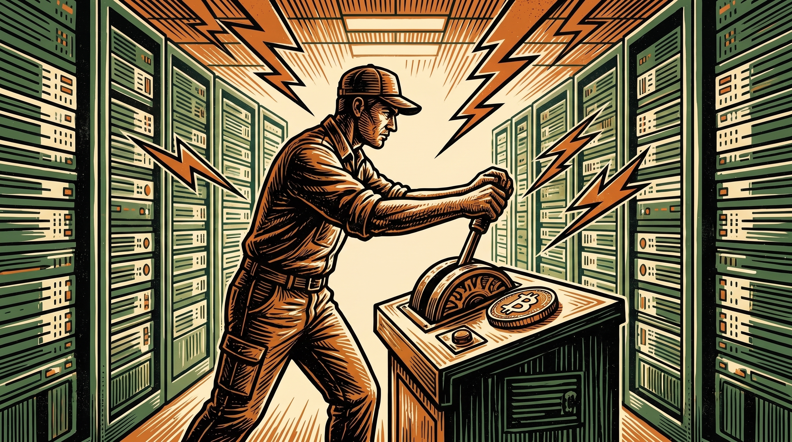 A night-shift engineer pulls a lever switch in a server room as lightning bolts arc between the racks, a bitcoin coin on the console, linocut