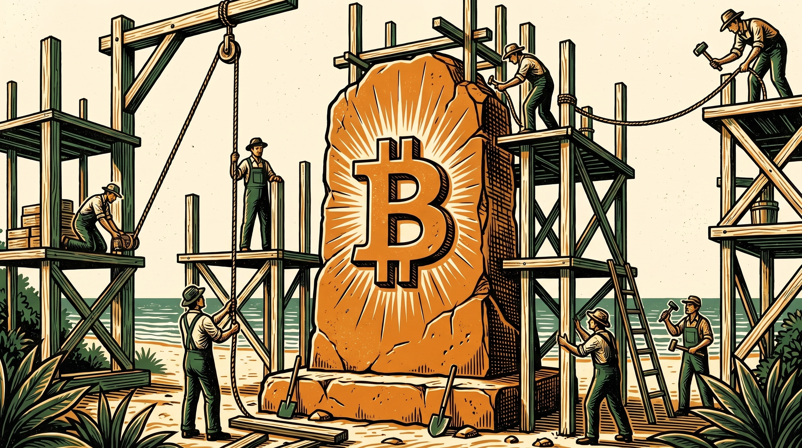 Builders raise scaffolding and additions around an immovable carved stone monument bearing a bitcoin emblem, linocut