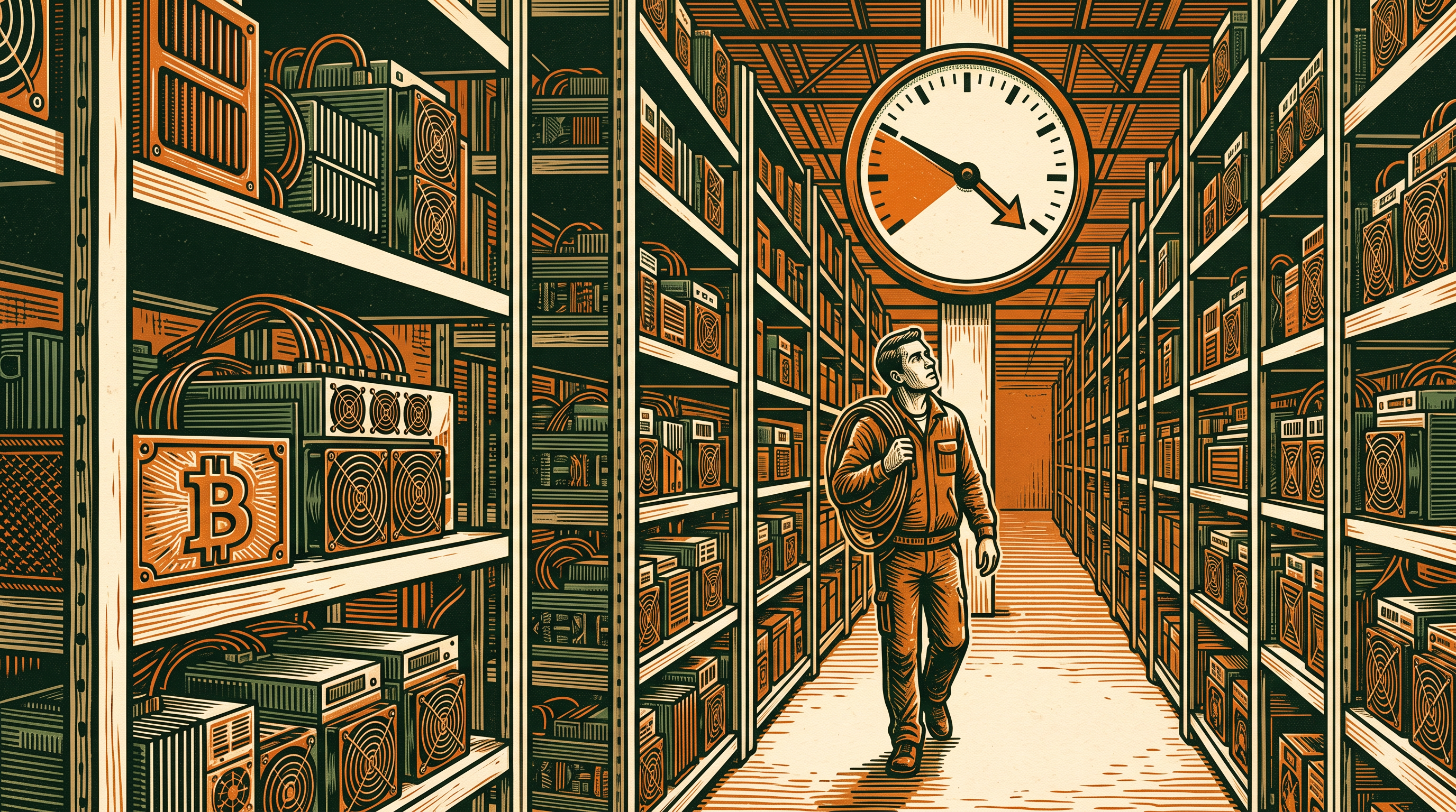 A technician walks the aisle of a vast bitcoin mining warehouse, glancing up at a large wall gauge whose needle has fallen, linocut