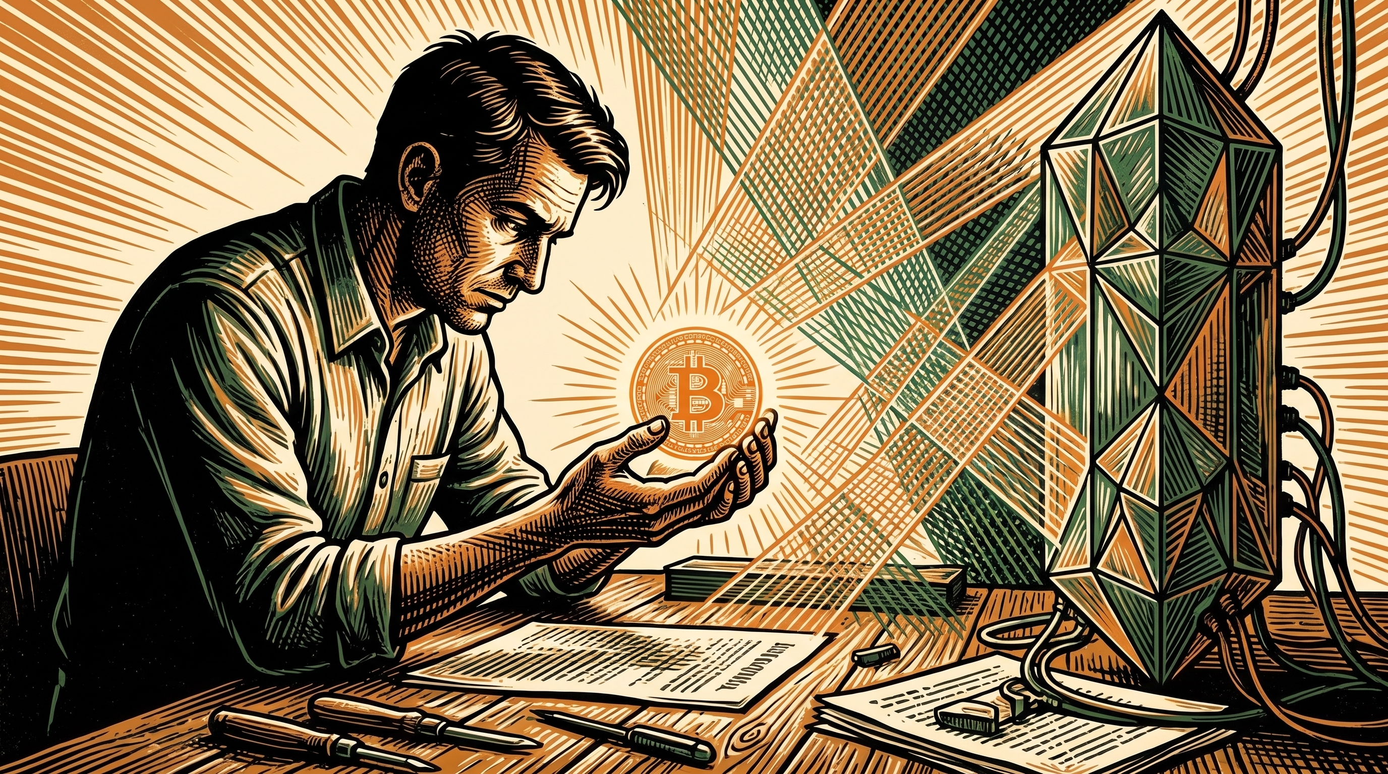 A cryptographer at a workbench shielding a glowing bitcoin coin behind a lattice of light as a crystalline quantum computer looms, linocut