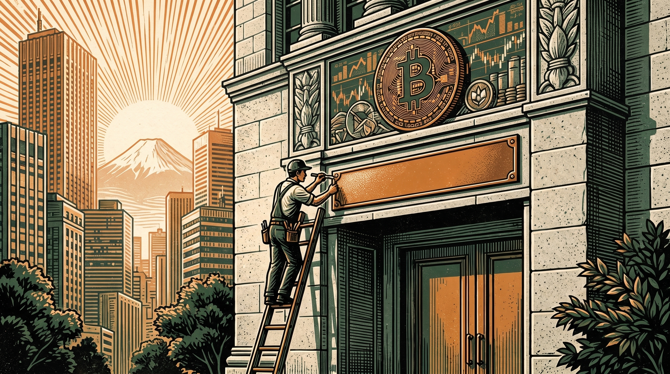 Dawn in a Tokyo financial district, a new brokerage nameplate being mounted on a bank facade, a bitcoin coin in a stone frieze, Mount Fuji faint behind, linocut