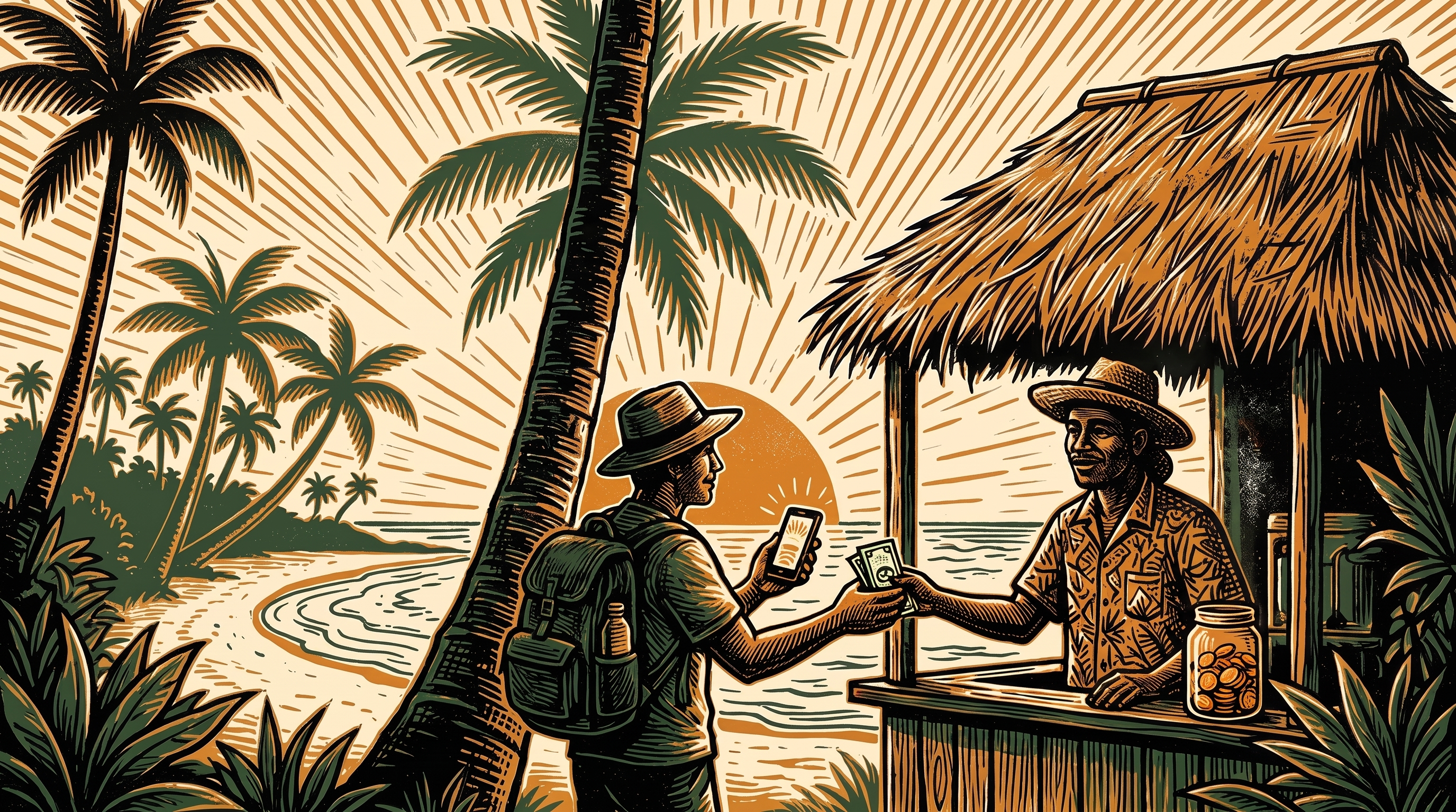 A tourist paying cash at a thatched beach stand as a jar of orange coins sits untouched, palms and surf behind, linocut