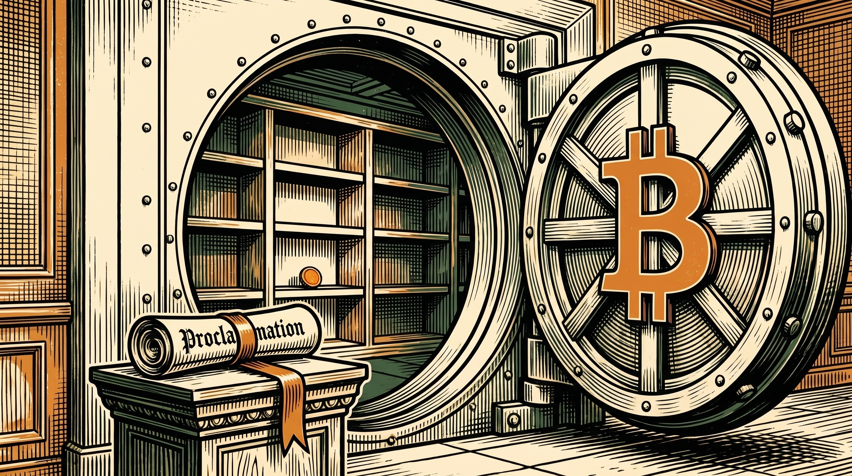 A grand treasury vault with a huge orange bitcoin on its door, opened to reveal near-empty shelves holding a single coin, a proclamation on a pedestal, linocut