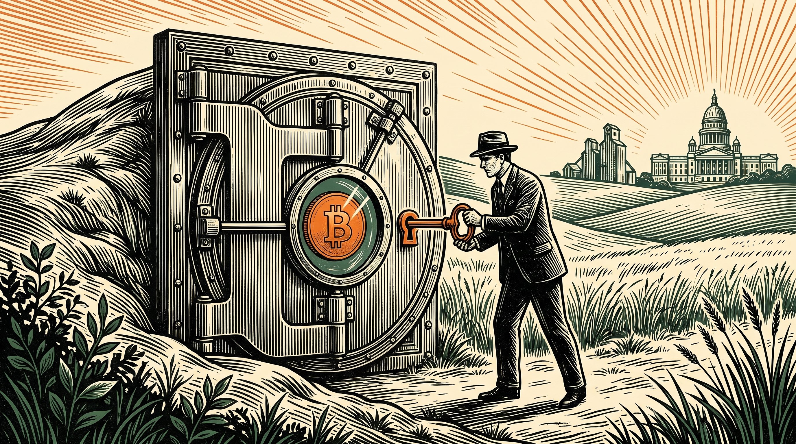 A vault door in a Midwestern prairie with grain elevators and a state capitol on the horizon, one orange coin sealed inside, linocut