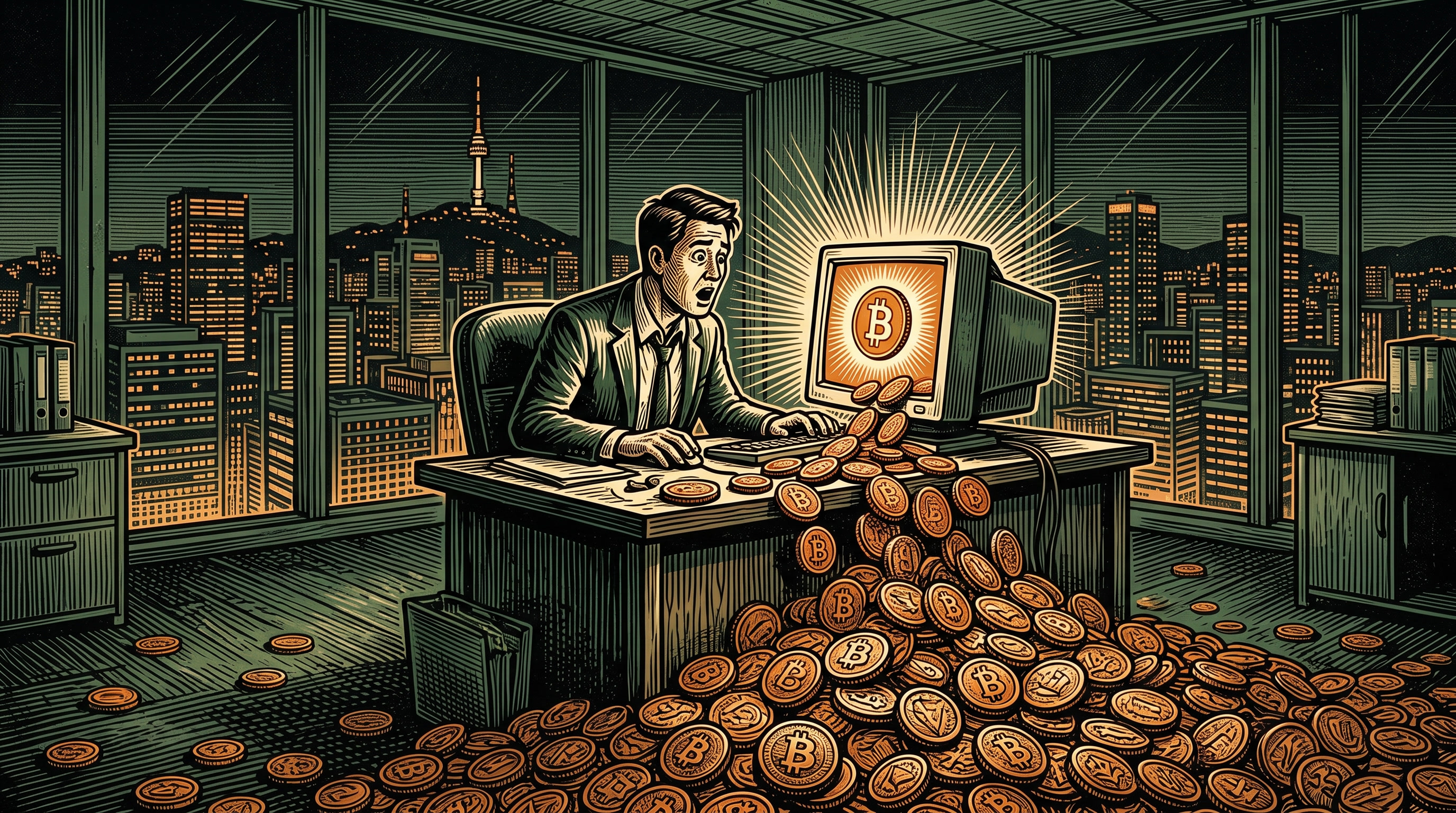 A stunned clerk in a Seoul office as one orange coin on a screen multiplies into an avalanche spilling across the floor, linocut
