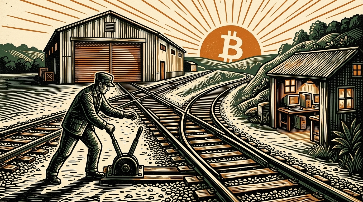 A railway junction where one track splits from the main line, a worker throwing a switch lever, a small hillside workshop of desktop computers, an orange bitcoin sun, linocut