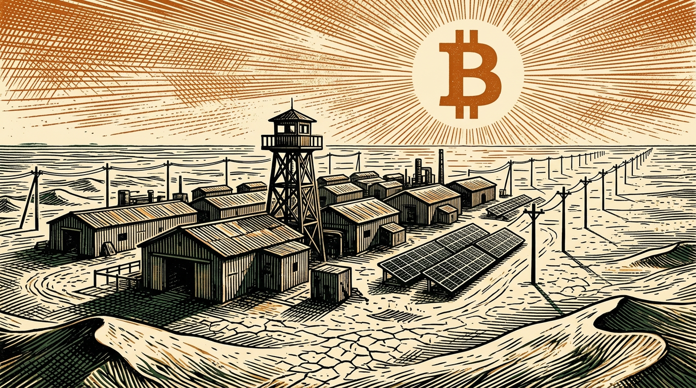 A windswept Central Asian desert near the dried Aral Sea, rows of low mining sheds under a state watchtower, solar panels and a power line, an orange bitcoin sun, linocut