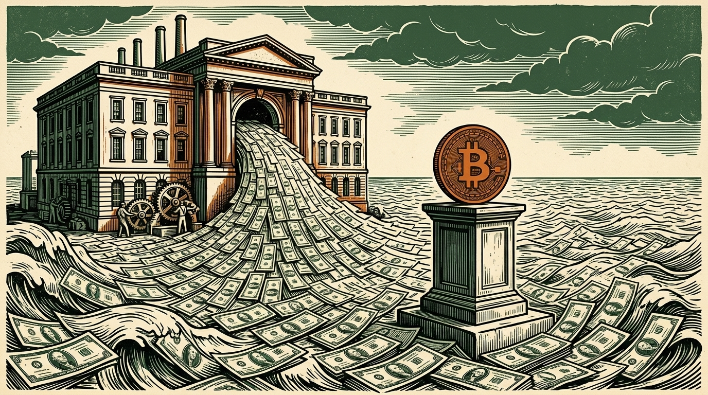 A government mint printing endless banknotes that flood a plain, one orange bitcoin coin on a stone pedestal above the rising paper tide, forest-green clouds, linocut