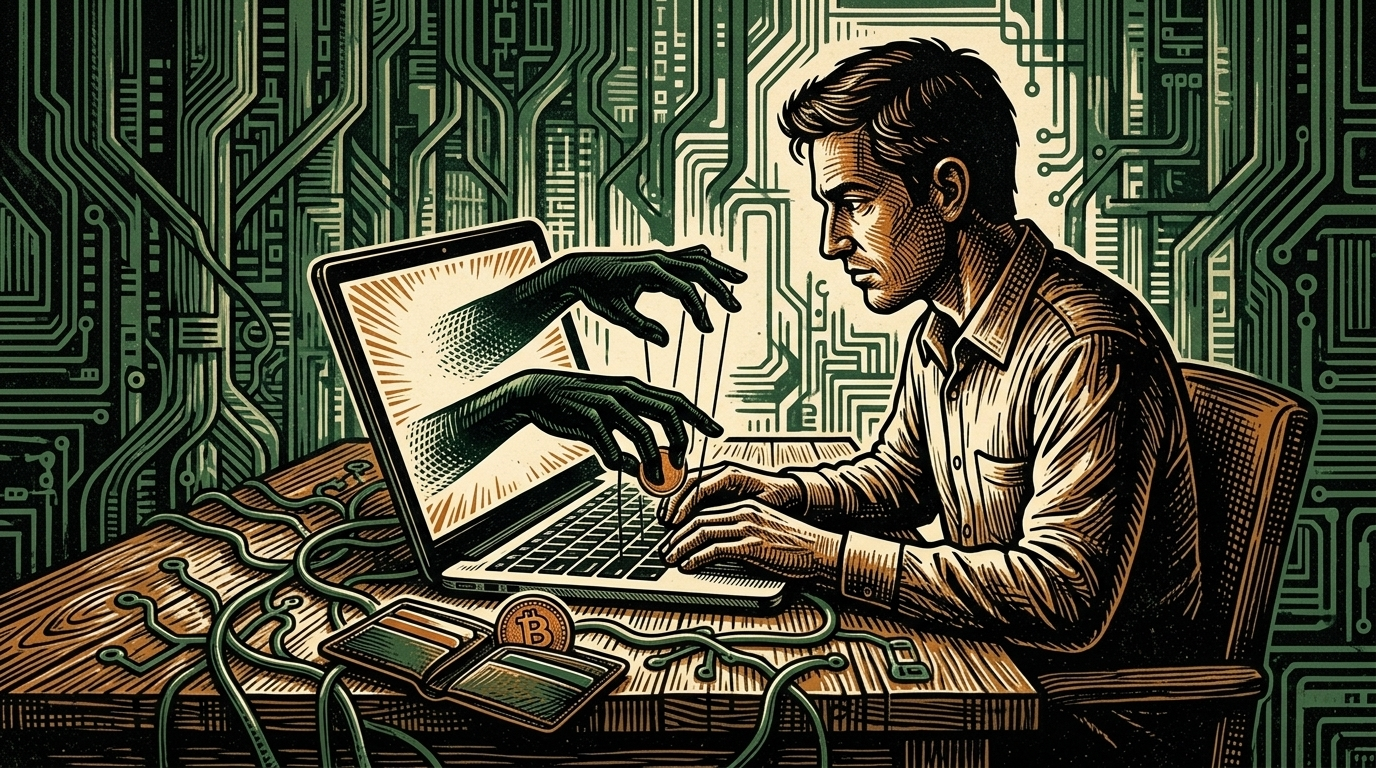 A person at a laptop while shadowy puppeteer hands reach from the browser to lift an orange bitcoin coin from an open wallet, forest-green circuit-board vines, linocut