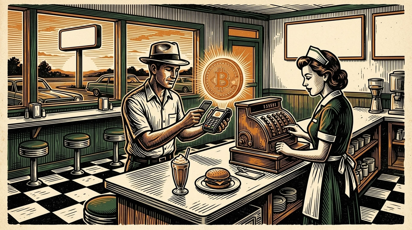 A retro American diner counter at dusk, a customer paying by phone at a chrome register with a glowing orange bitcoin coin, milkshake and burger on the counter, linocut