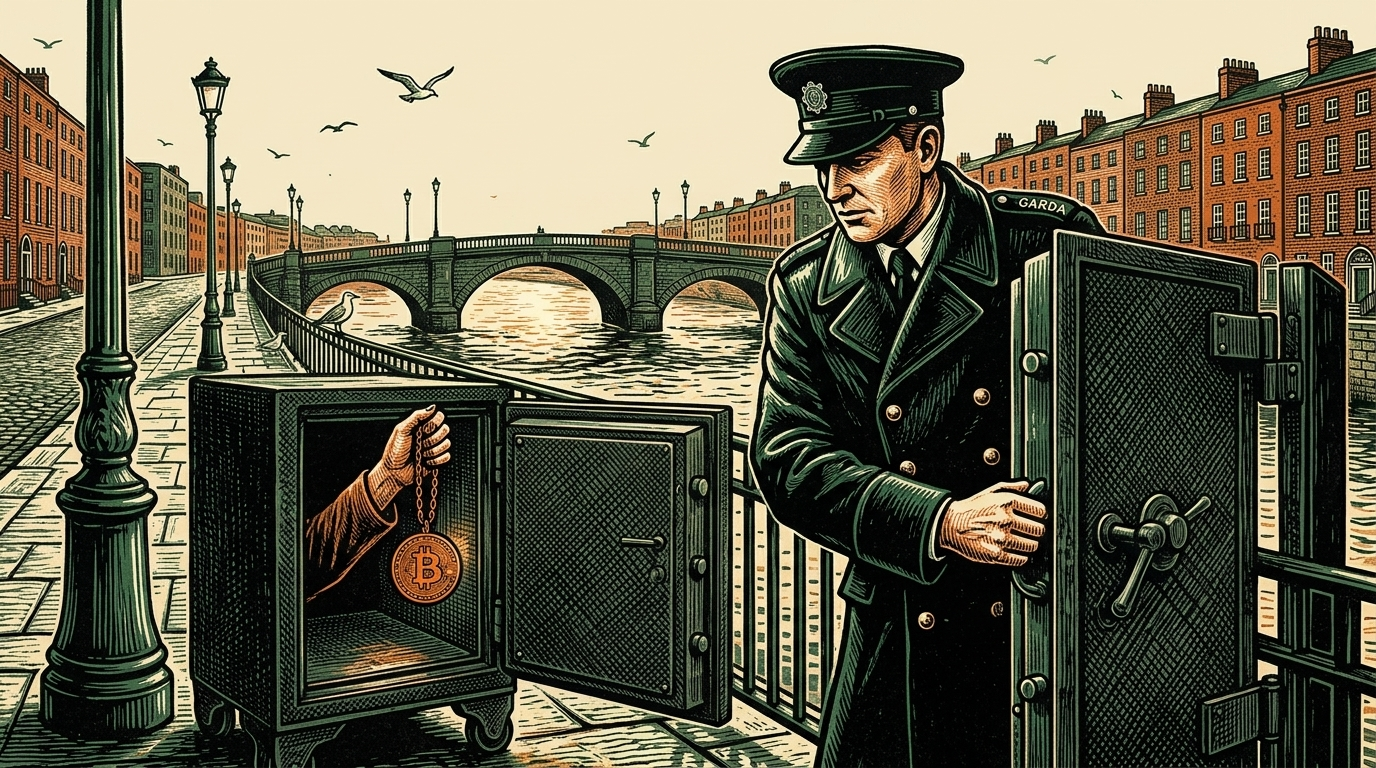 A Dublin quayside on the river Liffey, a Garda officer opening an iron evidence safe, a hand lifting an orange bitcoin coin on a chain, a stone bridge behind, linocut