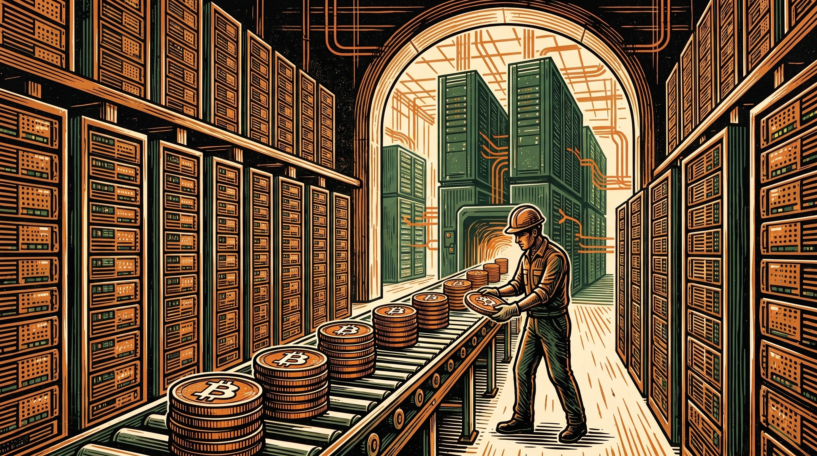 A vast bitcoin mining warehouse, a conveyor carrying stacks of bitcoin coins out toward a towering AI data-center hall, a worker in a hard hat loading the belt, linocut