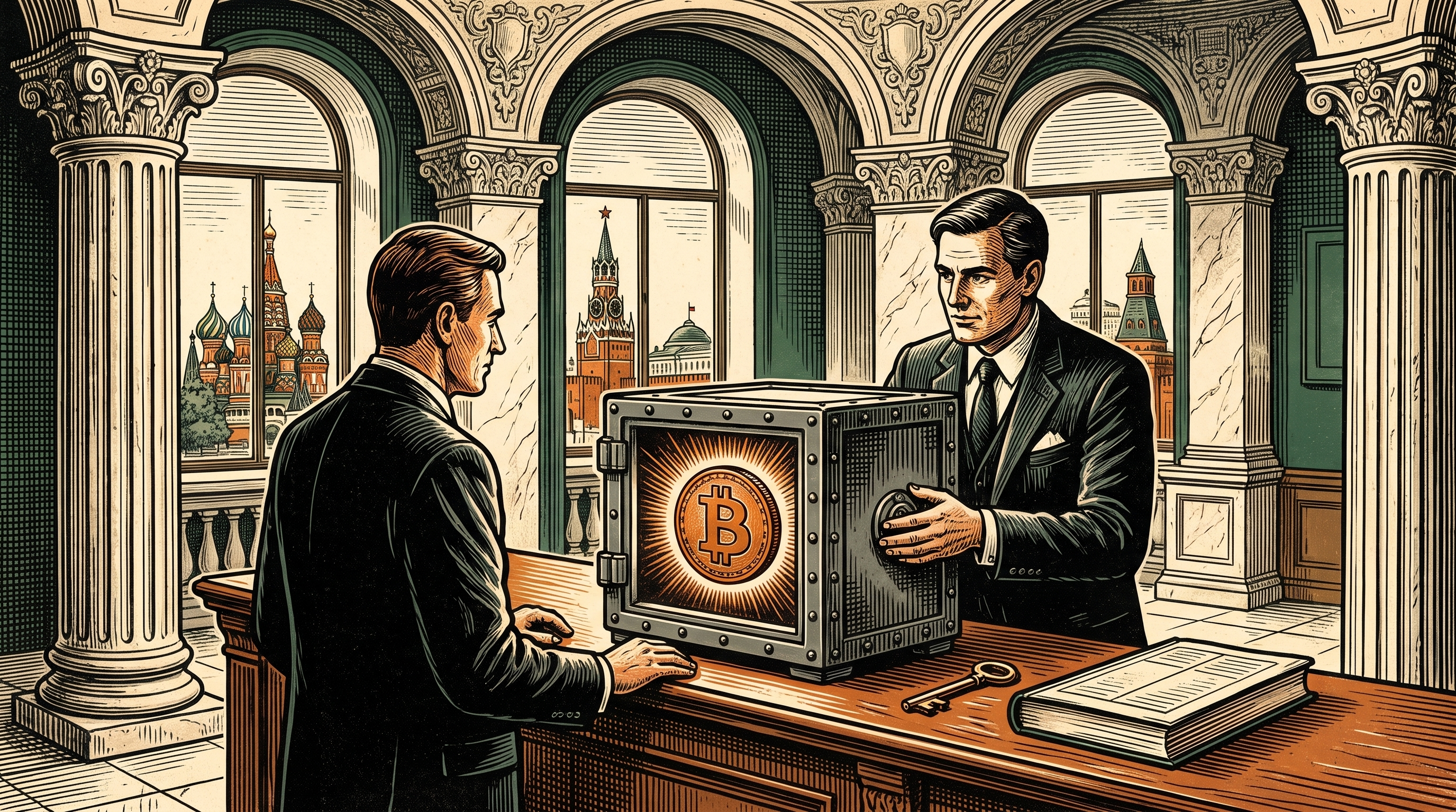 A grand Russian bank hall with an onion-domed Moscow skyline through arched windows, a banker sliding an iron strongbox holding a glowing bitcoin coin across a counter, linocut
