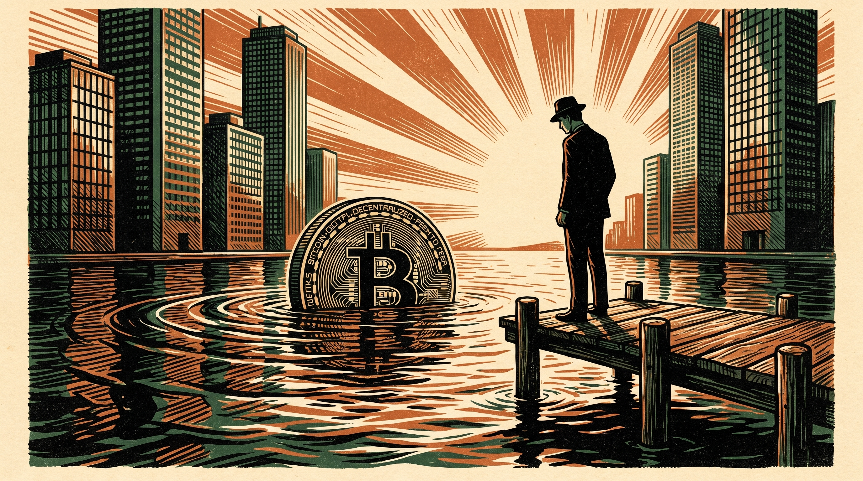 A Tokyo waterfront at dusk with skyscrapers, a lone businessman on a pier watching a giant bitcoin coin sink beneath the waterline, linocut