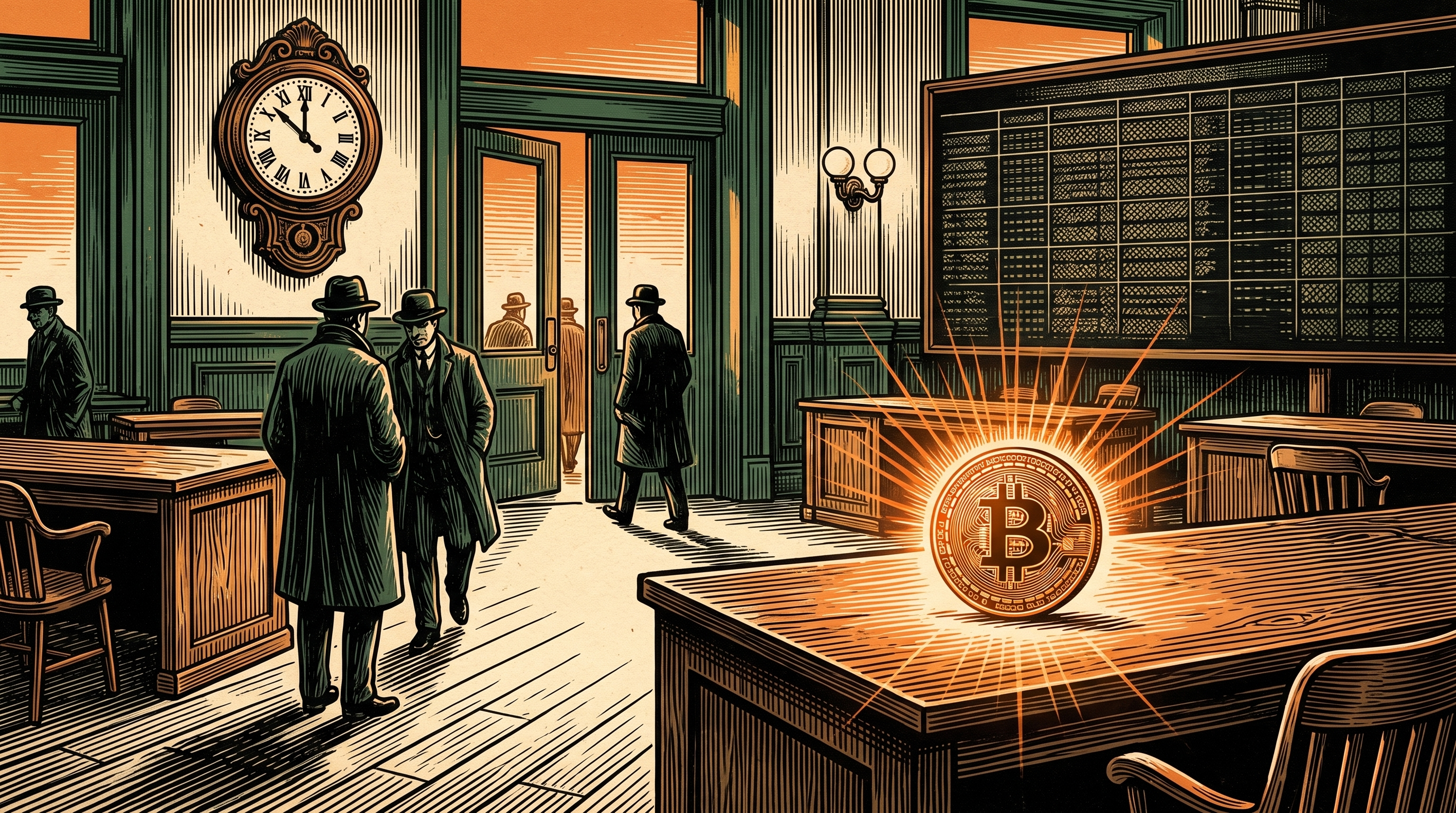An old-fashioned trading exchange hall at dusk, an ornate clock, traders in coats leaving through closing doors, a single bitcoin coin glowing on an abandoned desk, linocut
