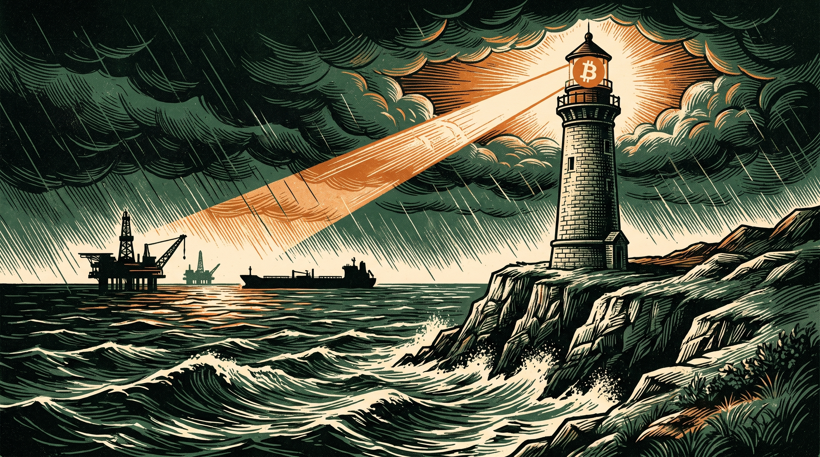 A stone lighthouse crowned with a bitcoin emblem casting a steady beam over stormy Gulf seas, distant oil derricks and a tanker on the horizon, linocut