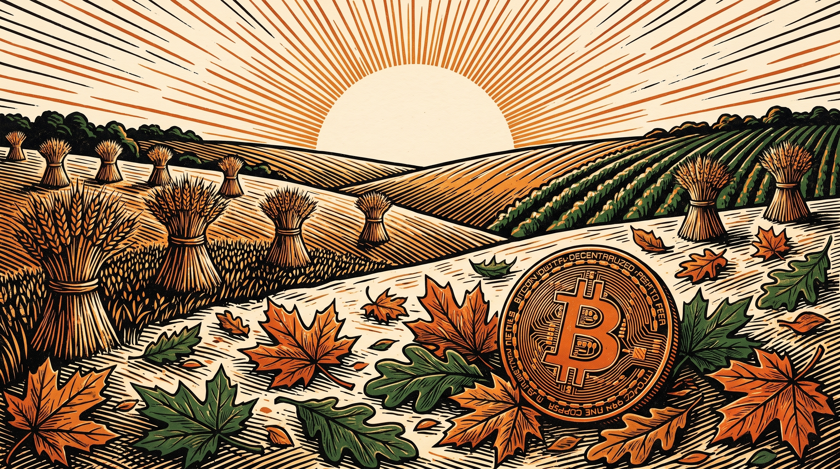 A warm autumn harvest landscape with wheat sheaves, a rising sun over rolling hills and a bitcoin coin among falling leaves, linocut