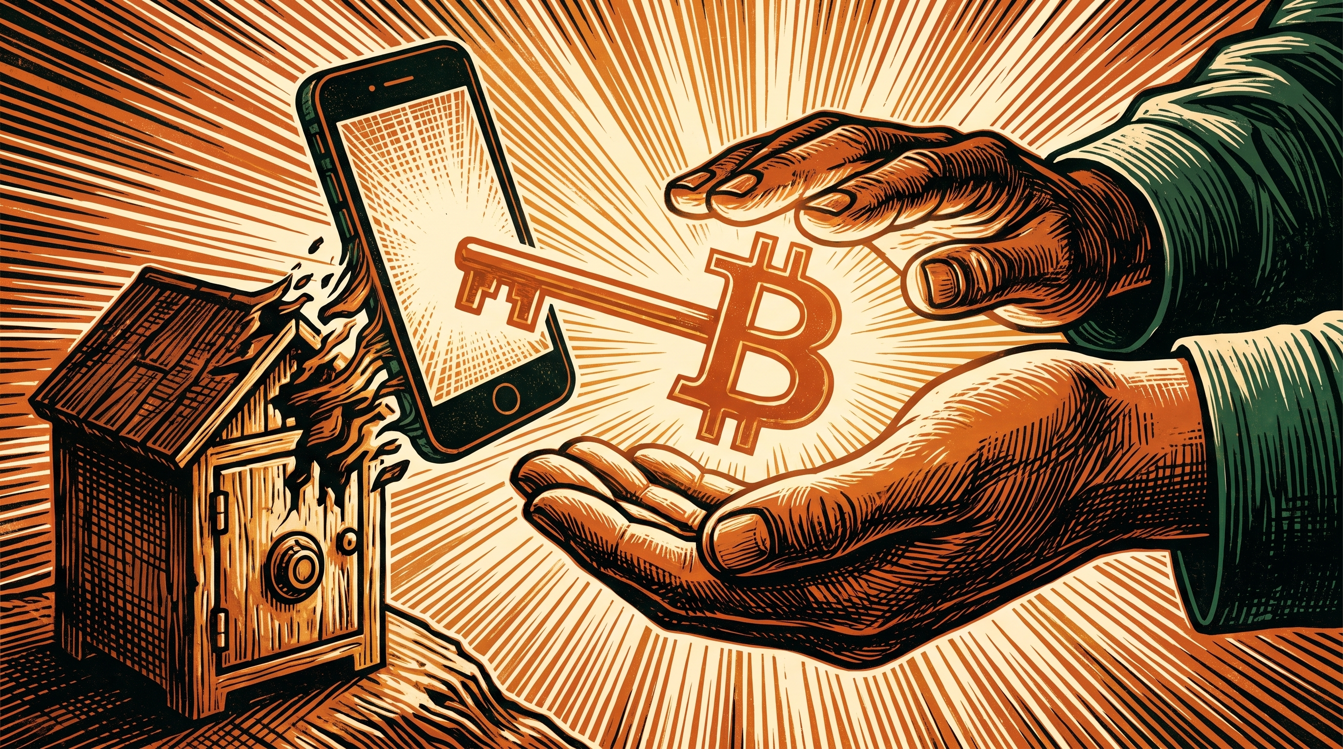 Warm close view of a person's cupped hands receiving a glowing orange bitcoin-shaped key handed from a phone dissolving into a small vault, sun-ray lines behind, linocut