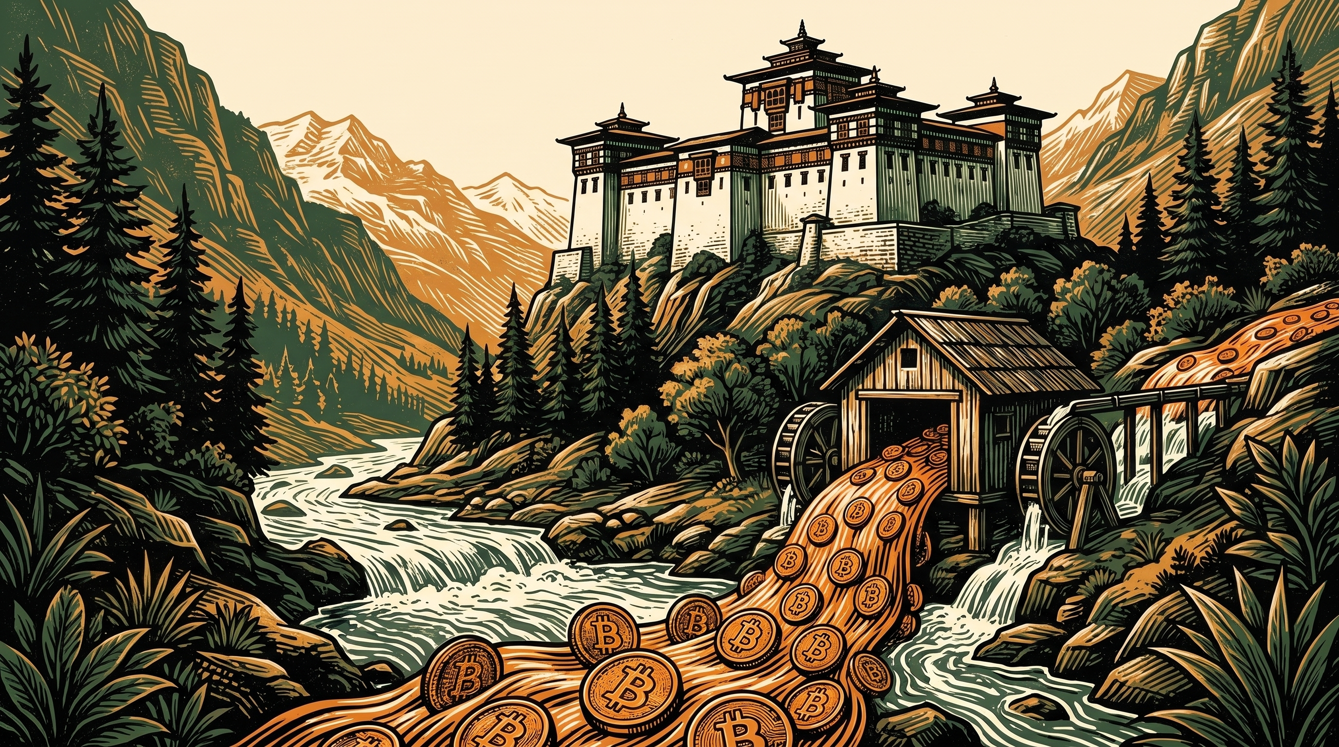 A Bhutanese Himalayan valley, a fortress-monastery dzong above a glacial river and a hydro-powered mining shed, a stream of orange bitcoin coins flowing out downstream, linocut