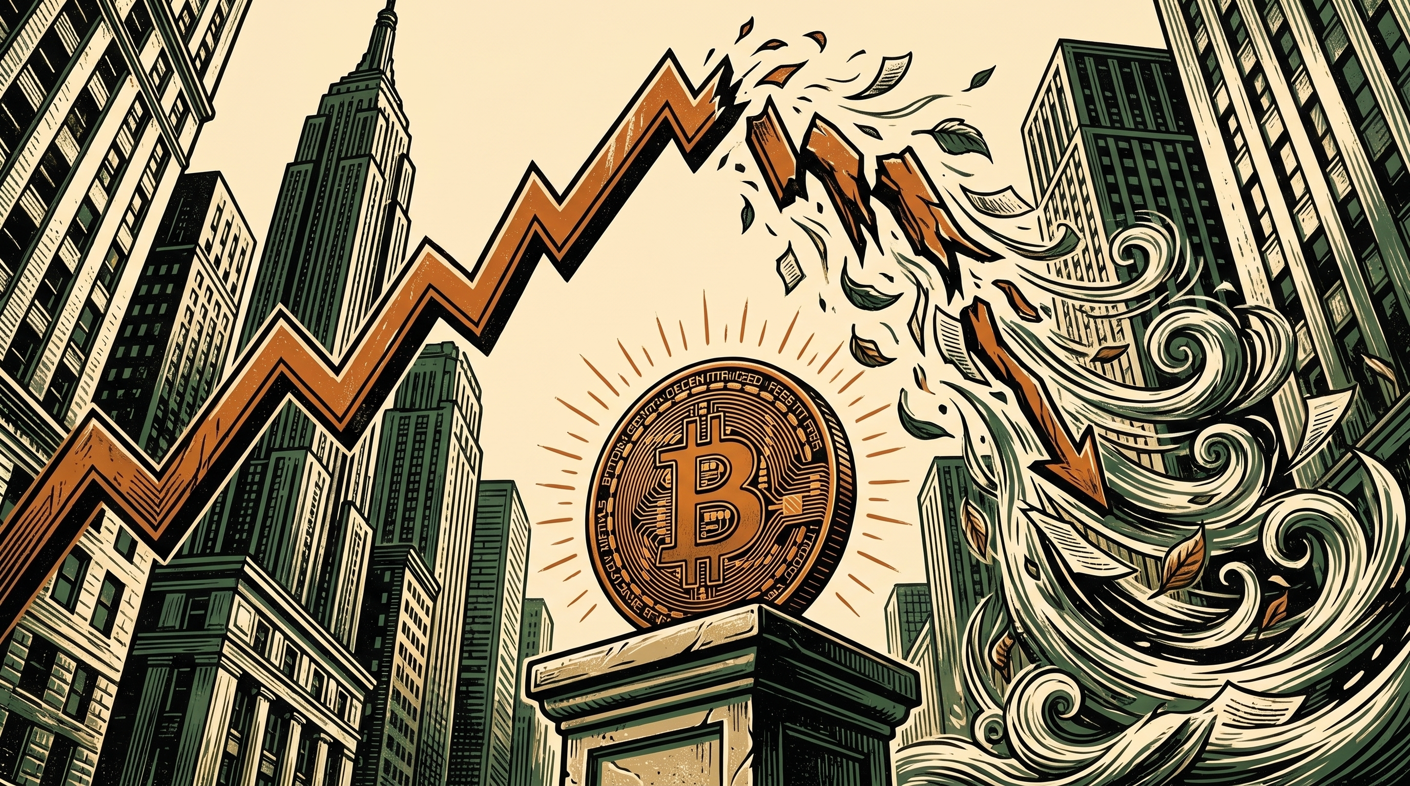 A New York financial-district canyon, a stock-ticker line arcing up then breaking into a downdraft of wind, an orange bitcoin coin steady on a stone pedestal, linocut