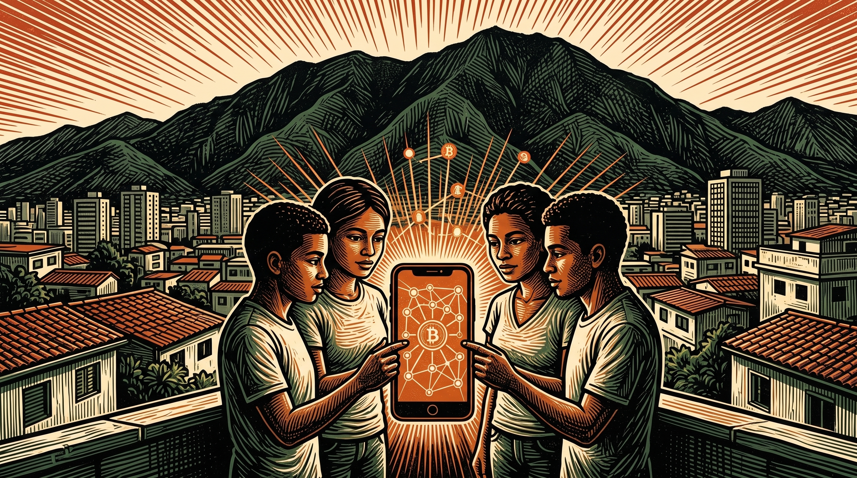 A Caracas rooftop at dusk, young Venezuelan activists gathered around a glowing phone showing a bitcoin and a web of network nodes, the forested Avila mountain behind, linocut