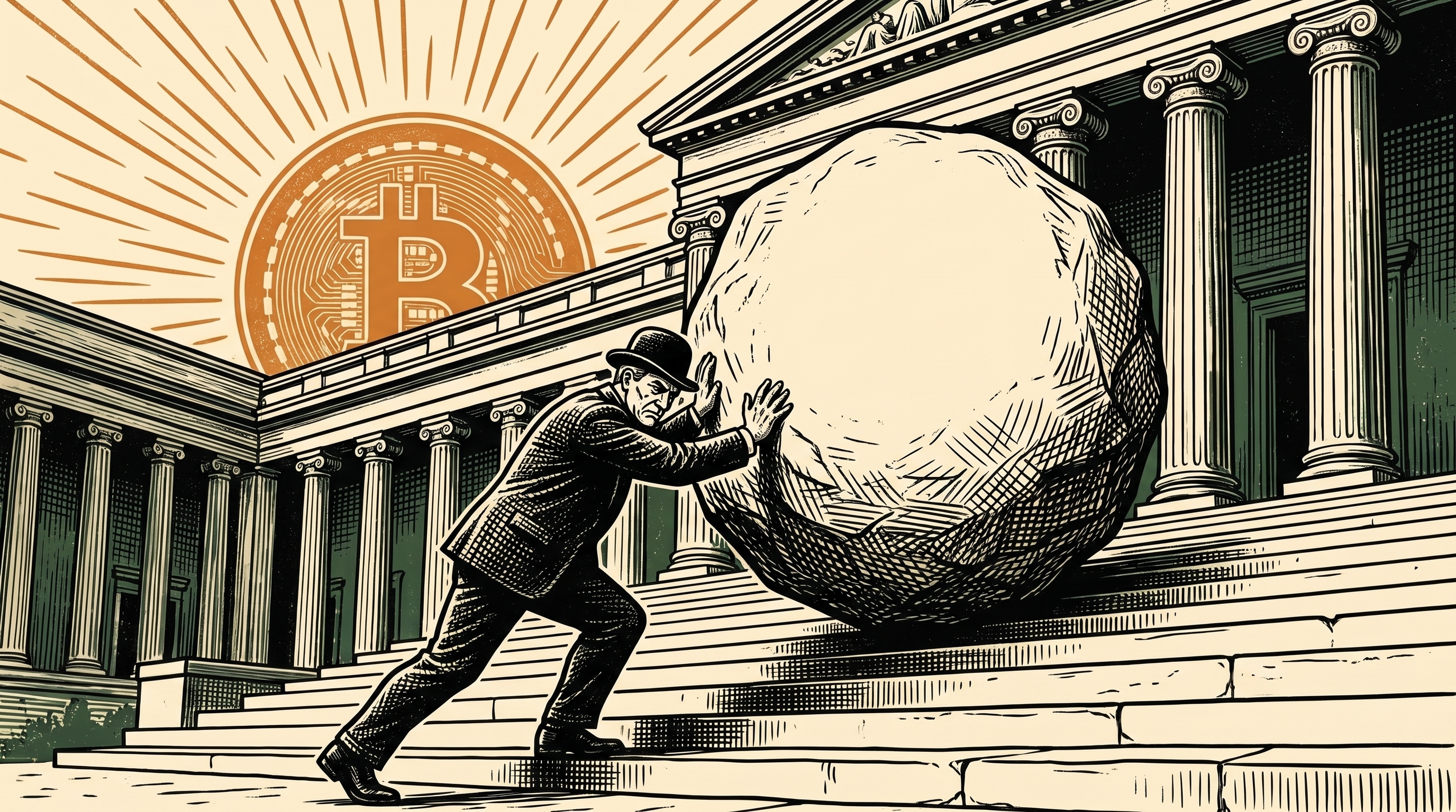 A stern central banker in a bowler hat straining to push an enormous blank stone boulder up the steps of a columned central-bank building, an orange bitcoin coin rising like a sun behind, linocut