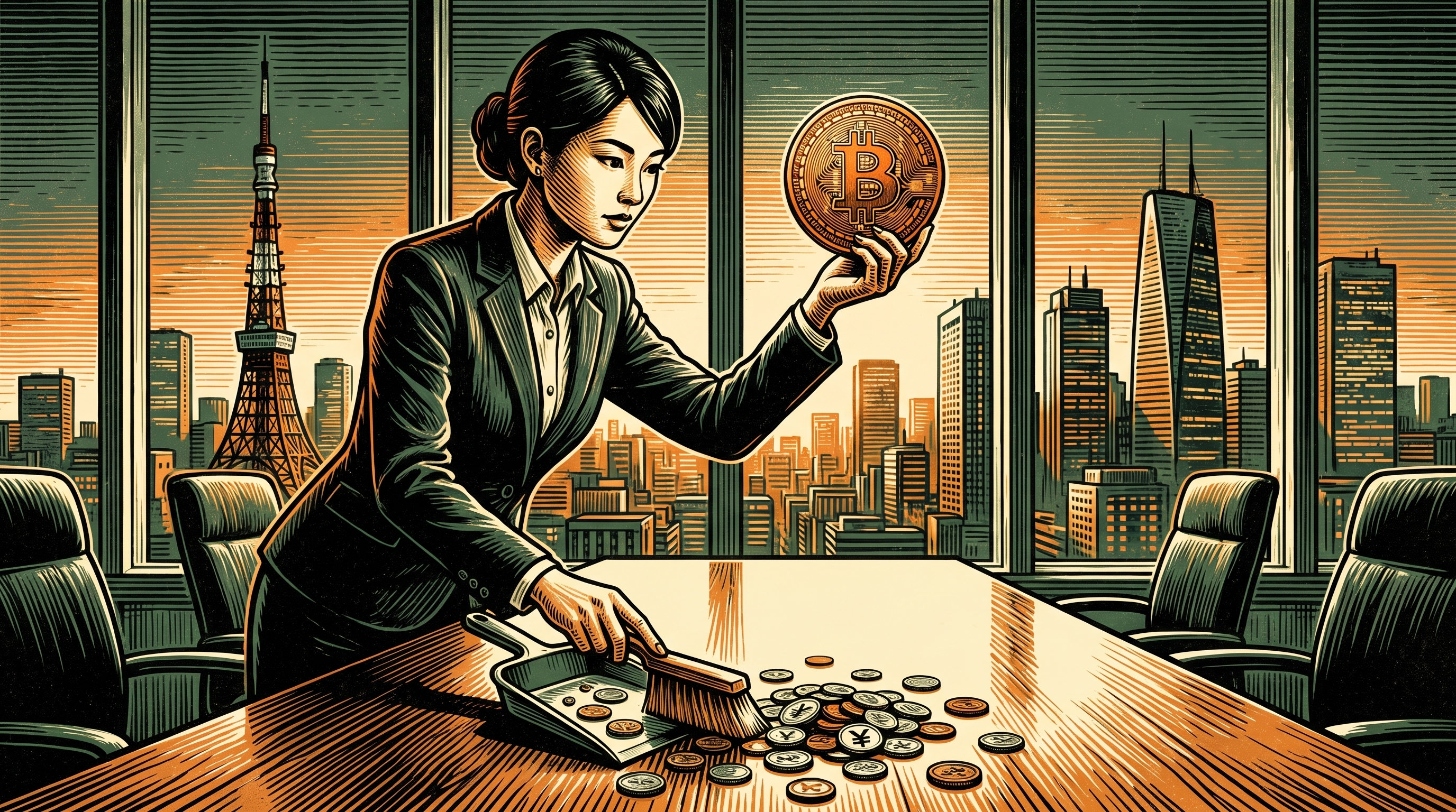 A Tokyo boardroom at dusk, an executive sweeping assorted coins off a table while holding up a single bitcoin, city skyline behind, three-color linocut