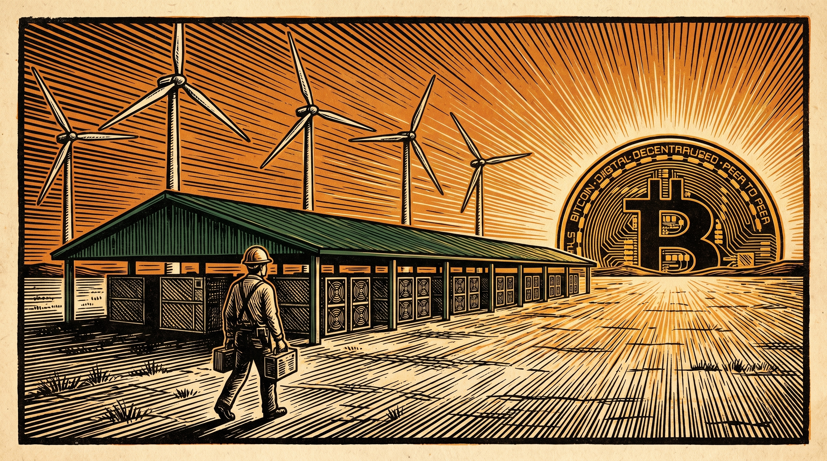 A windswept South Texas plain, wind turbines above a low bitcoin-mining shed, a technician carrying gear, a bitcoin coin rising over the horizon, three-color linocut