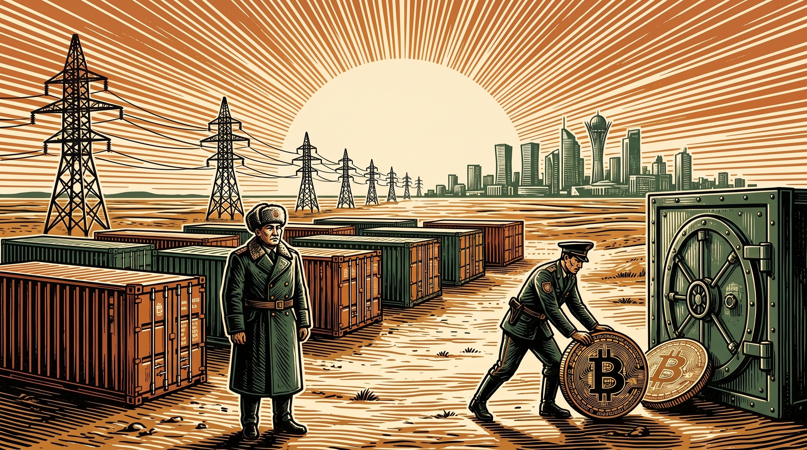 The Kazakh steppe under a wide sky, a state official before rows of container miners and pylons, a guard rolling bitcoin coins toward a state vault, three-color linocut